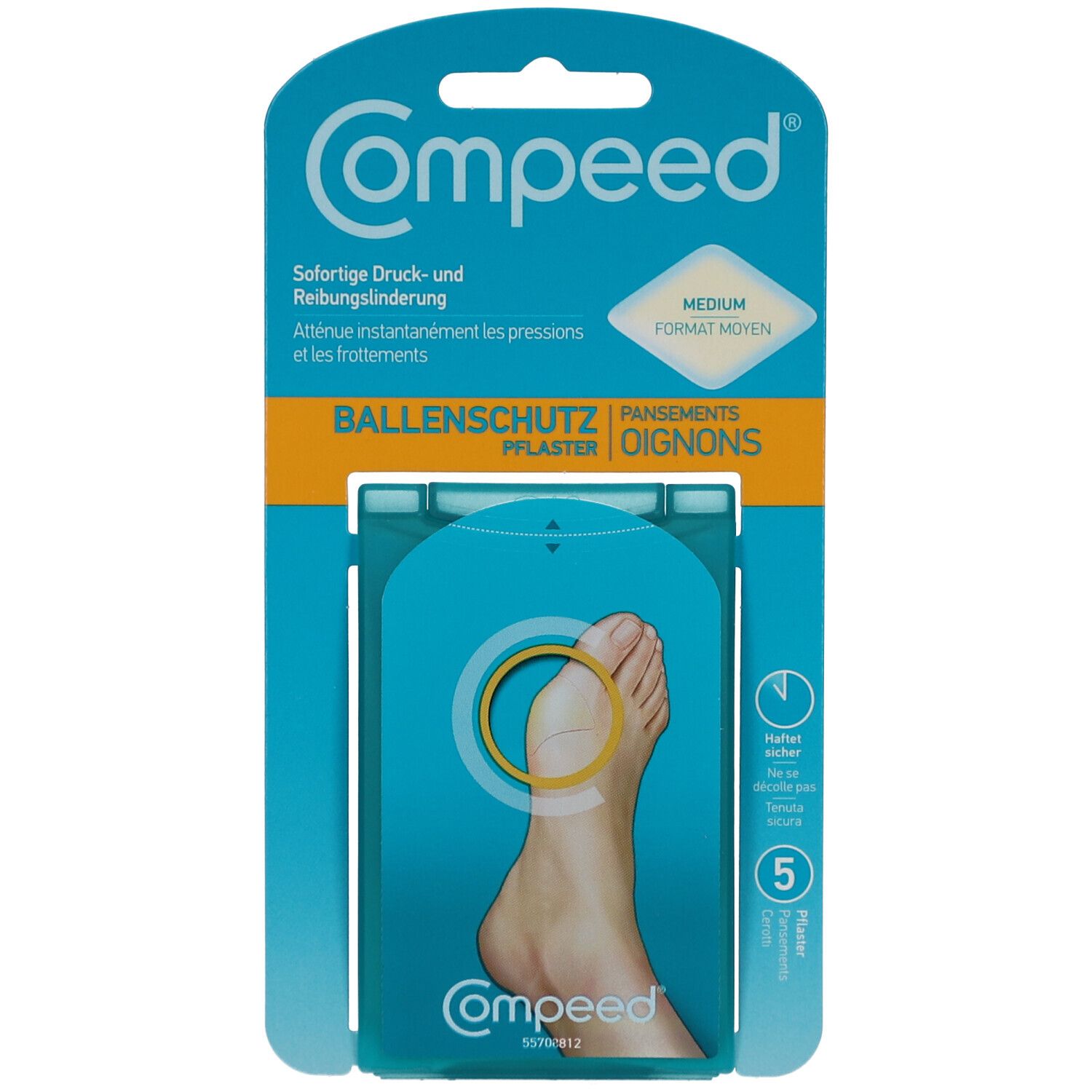 Verpackung mit Pflastern. Produktname und Logo sichtbar. Medium Format. Fuß mit Pflaster-Applikation dargestellt.