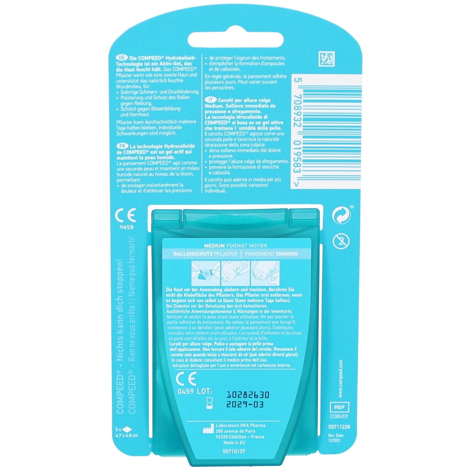 Rückseite der Verpackung. Produktinformationen und Logo. Medium Format. CE-Kennzeichnung.