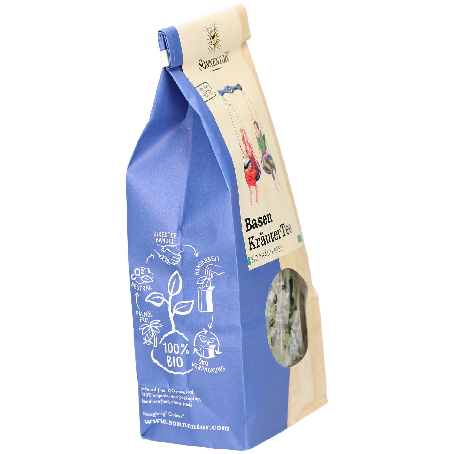 Verpackung mit Kräutertee. Marke SONNENTOR. Aufdruck: Basen KräuterTee BIO Kräutertee. Illustrationen und Logos.