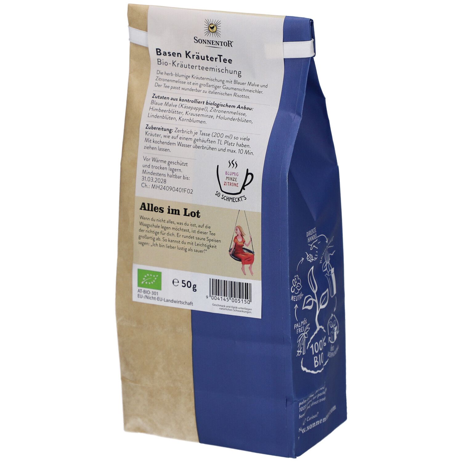Rückseite der Teeverpackung. Marke SONNENTOR. Aufdruck: Basen KräuterTee BIO Kräutermischung. Text und Logos.