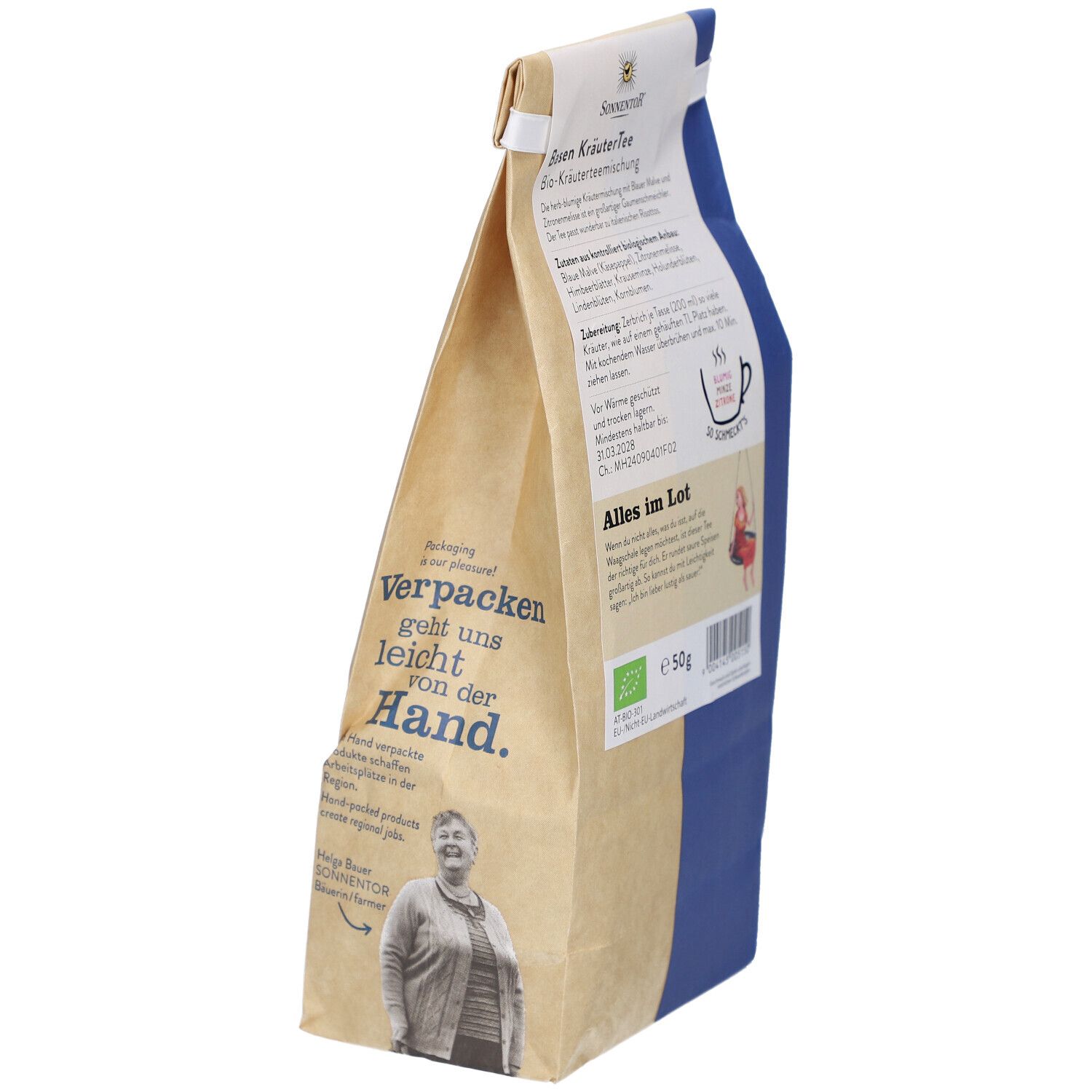 Teeverpackung. Marke SONNENTOR. Aufdruck: Basen KräuterTee BIO Kräutermischung. Text und Logos. Frau.
