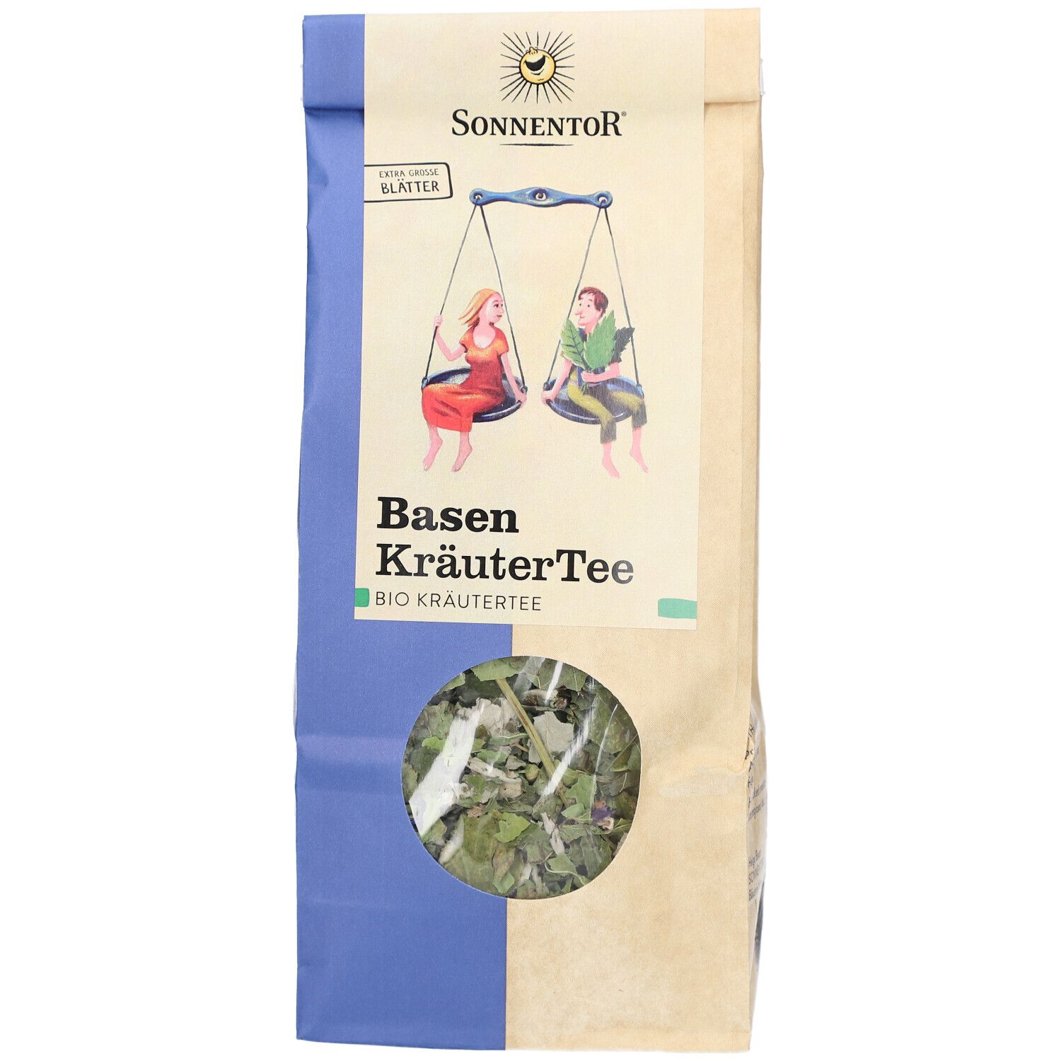 Beutel mit Kräutertee. Marke SONNENTOR. Aufdruck: Basen KräuterTee BIO Kräutertee. Sichtfenster zeigt Kräuter.