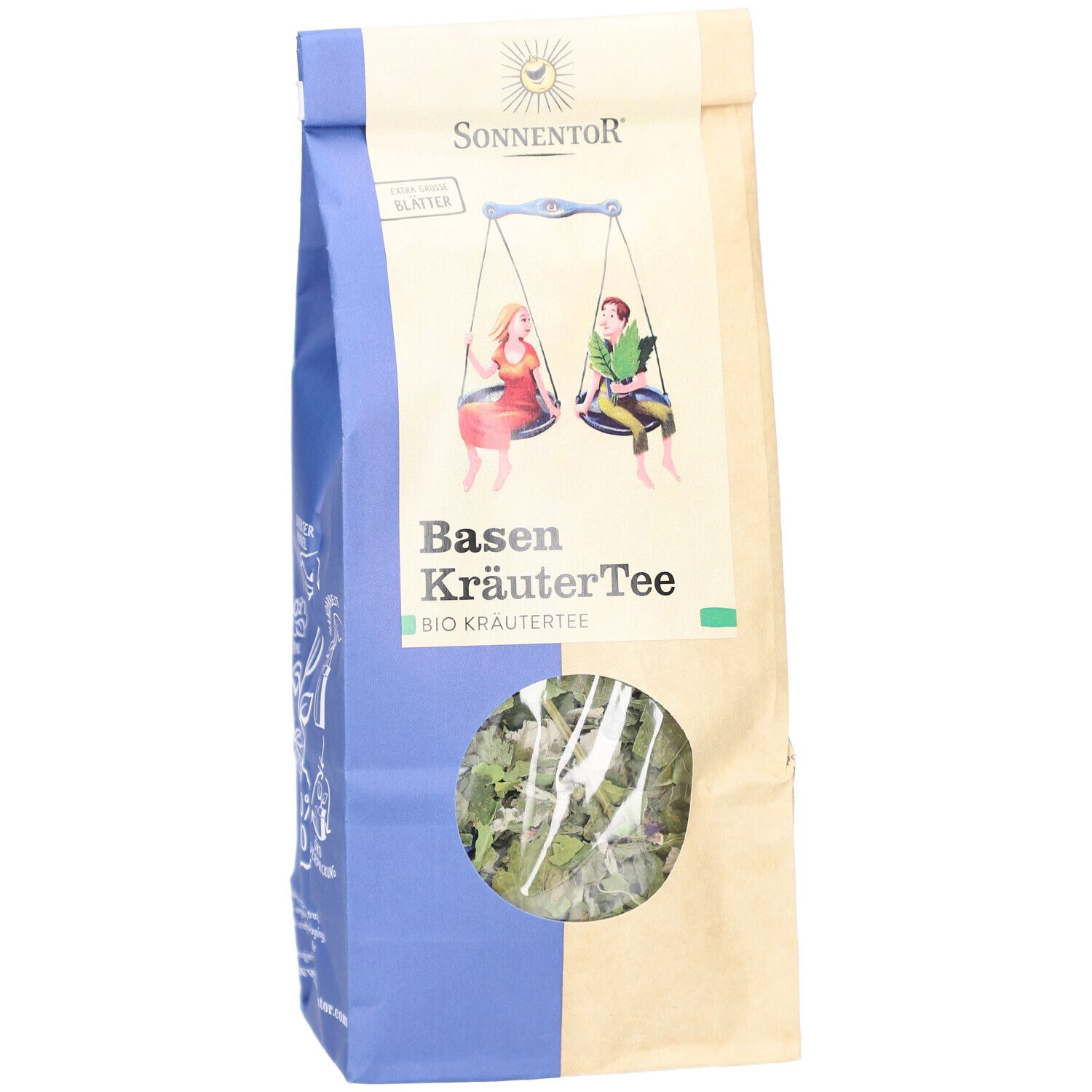 Beutel mit Kräutertee. Marke SONNENTOR. Aufdruck: Basen KräuterTee BIO Kräutertee. Sichtfenster zeigt Kräuter.