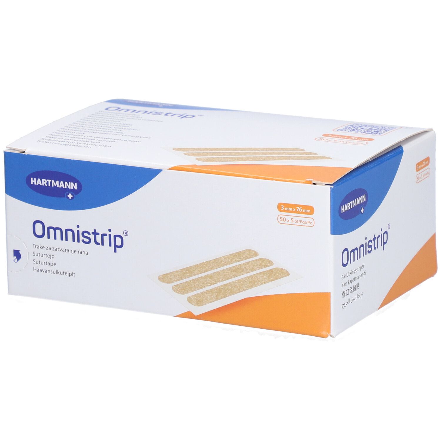 Verpackung mit Omnistrip® Hautnahtmaterial. Sichtbar: Hartmann-Logo, Produktname, Streifen. 3 x 76 mm.