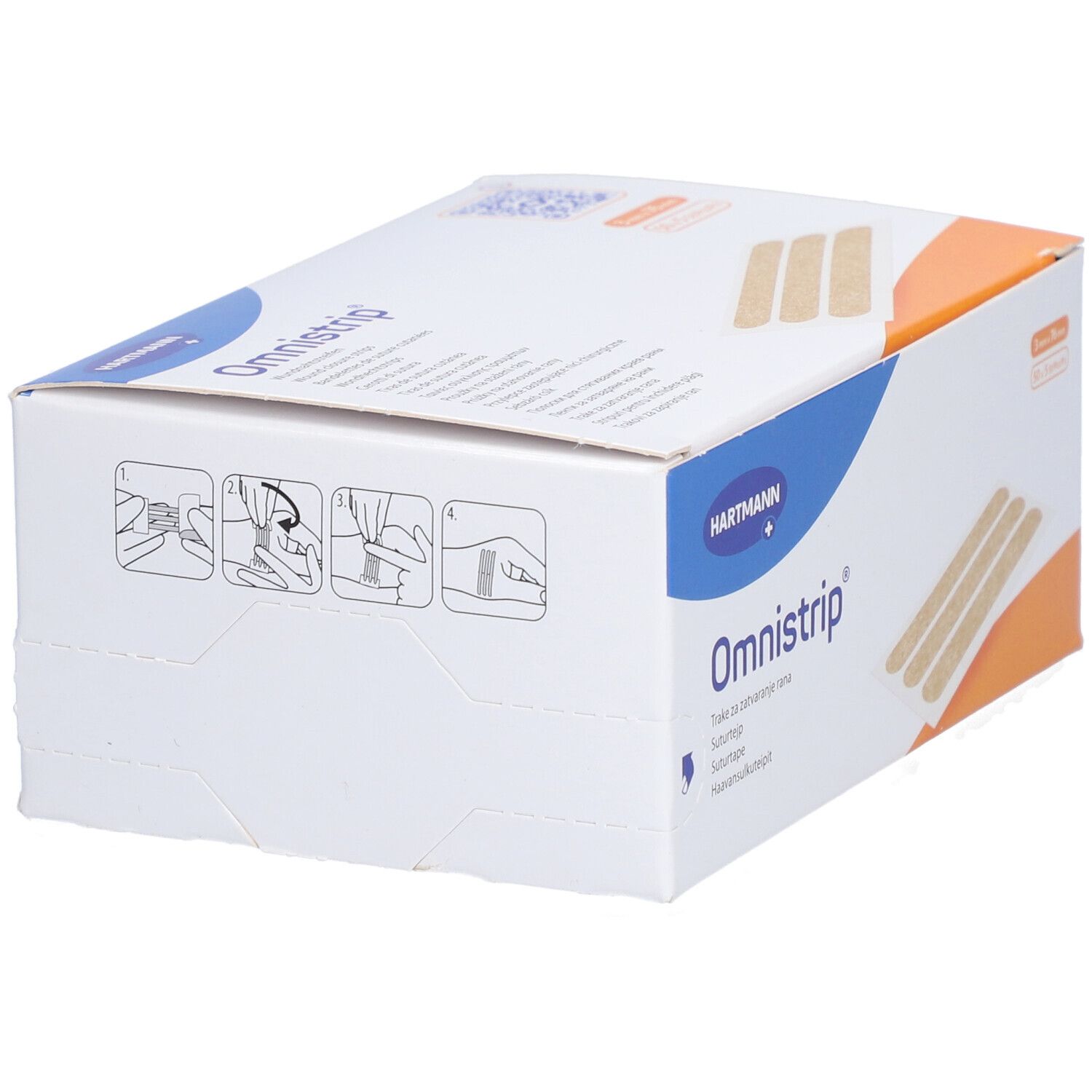 Omnistrip® Verpackung. Hartmann-Logo. Illustrationen zur Anwendung. Produktname. Seitenansicht der Schachtel.