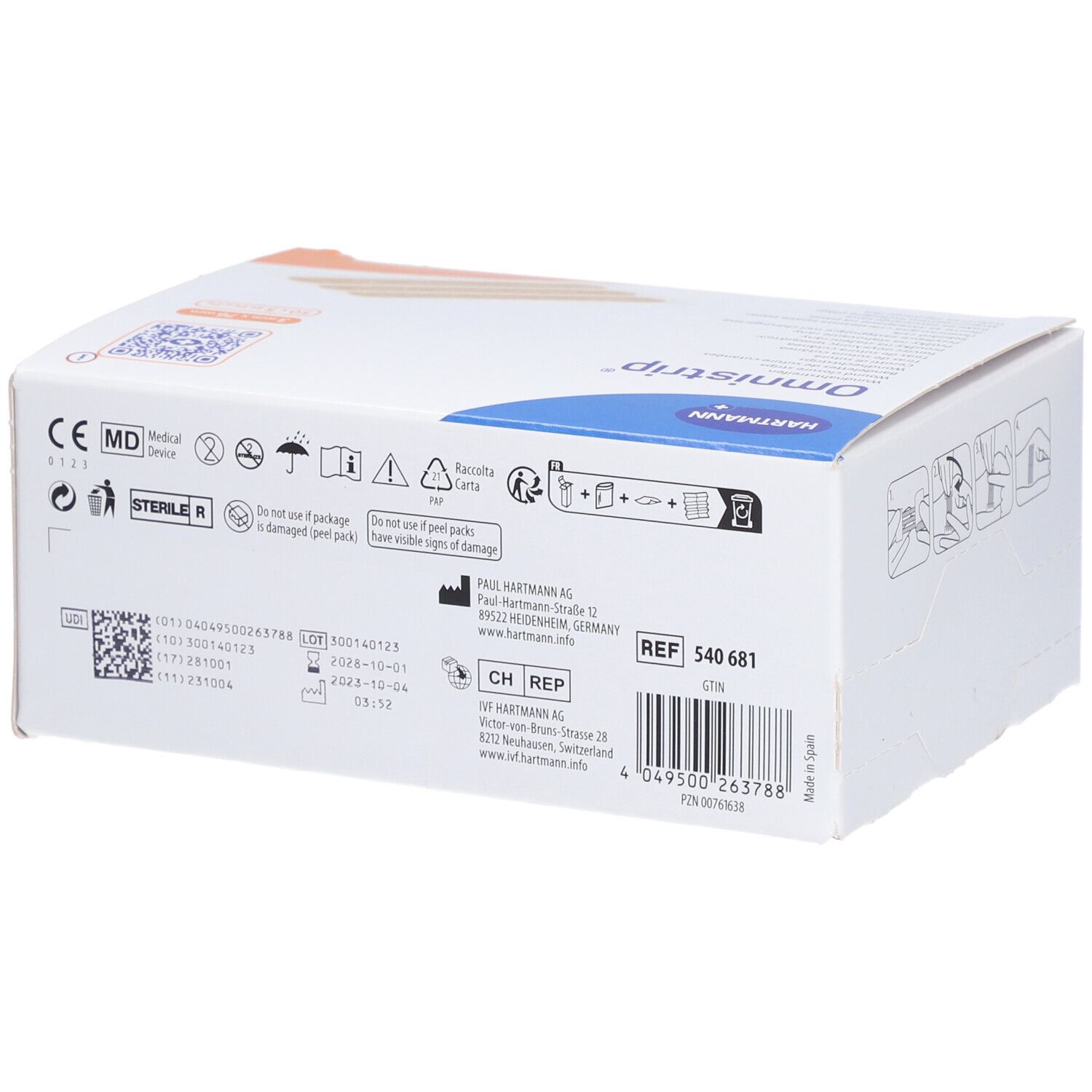 Rückseite der Omnistrip® Verpackung. Informationen: Hersteller, Chargennummer, REF-Nummer, Barcode, CE-Kennzeichnung.