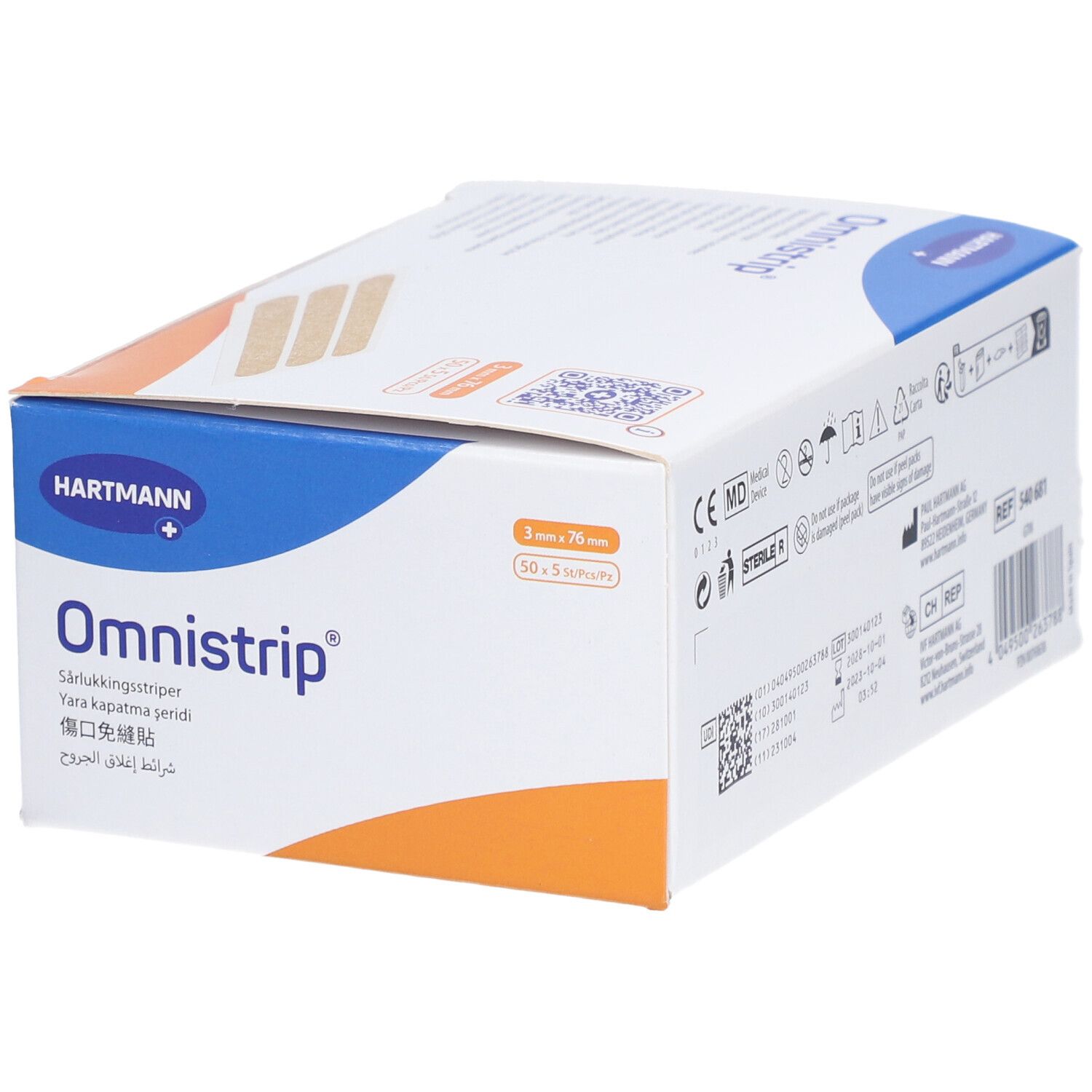 Omnistrip® Verpackung. Hartmann-Logo. Produktname. Größe: 3 mm x 76 mm. 50 x 3 Streifen. Medizinprodukt.