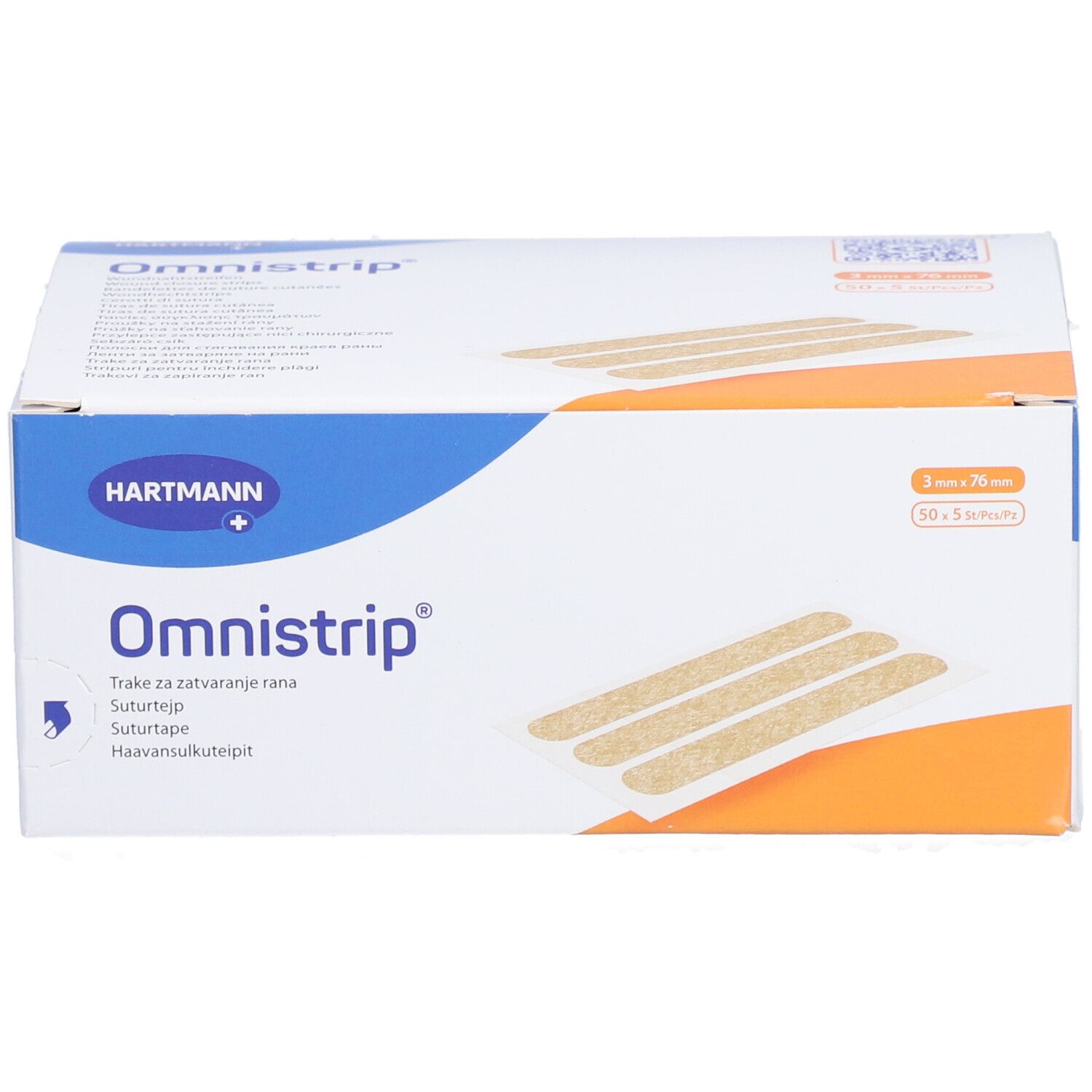 Omnistrip® Verpackung. Hartmann-Logo. Produktname. Größe: 3 mm x 76 mm. 50 x 3 Streifen. Medizinprodukt.