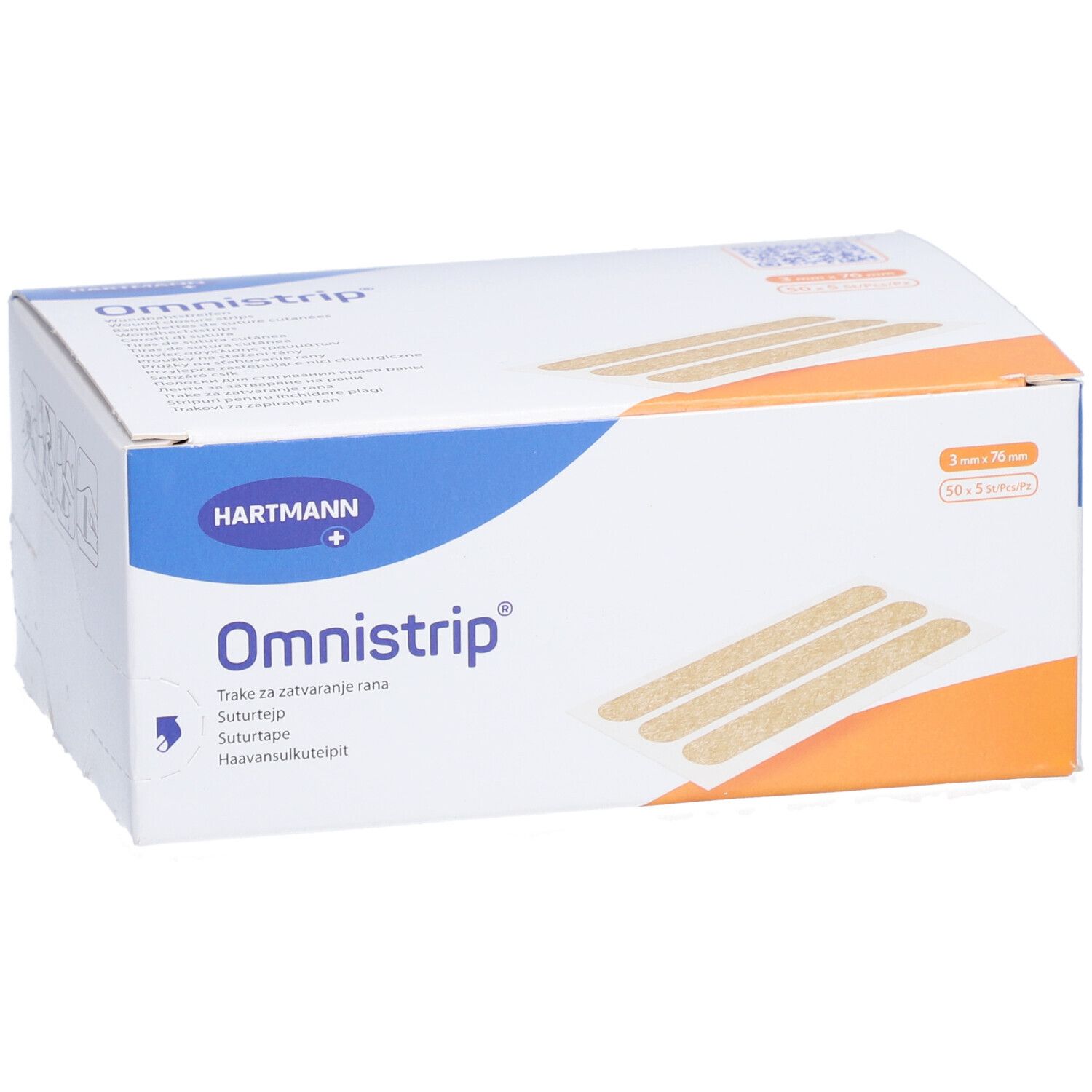 Omnistrip® Verpackung. Hartmann-Logo. Produktname. Größe: 3 mm x 76 mm. 50 x 3 Streifen. Medizinprodukt.
