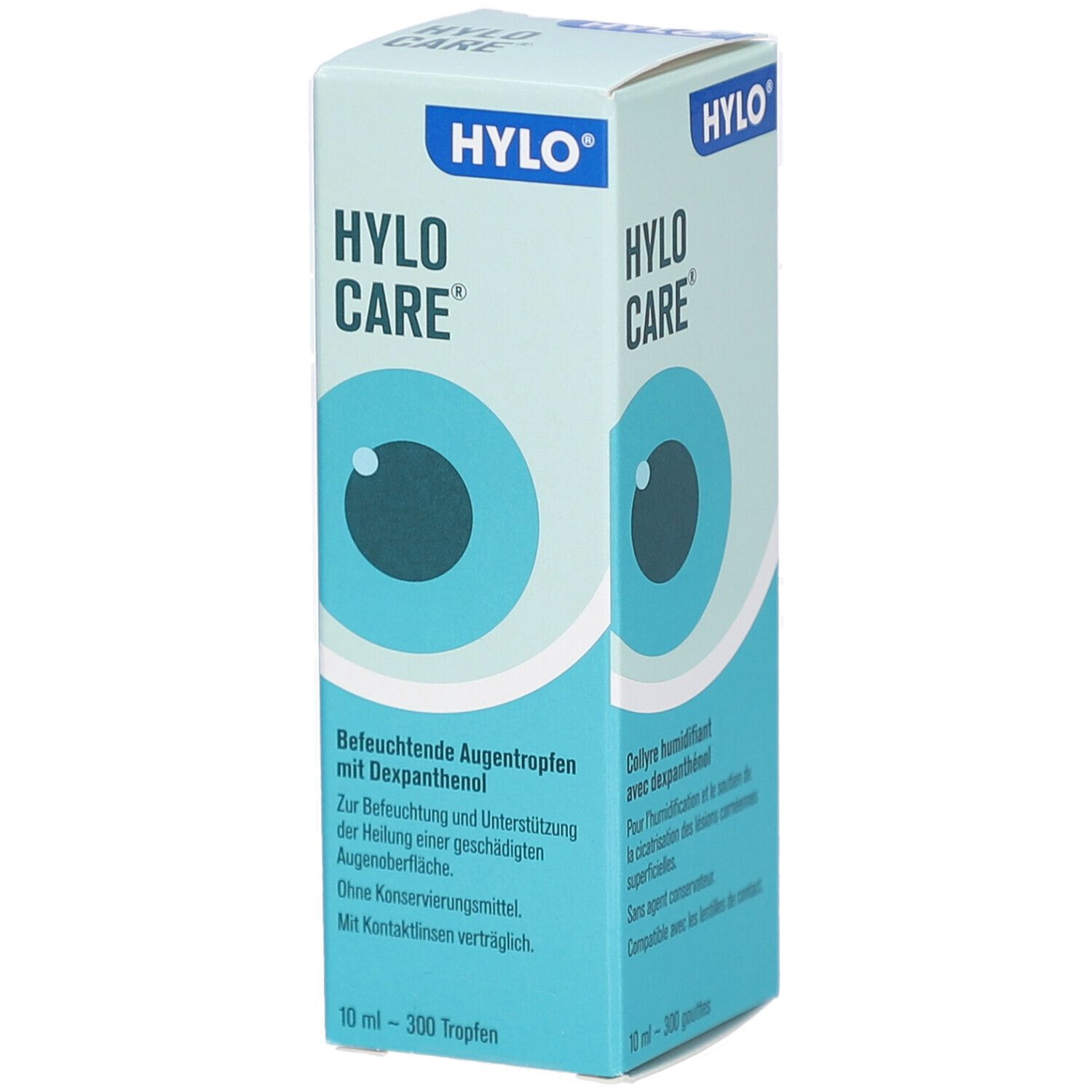 Karton mit Produktnamen und Augensymbol. Text: Befeuchtende Augentropfen mit Dexpanthenol. 10 ml.