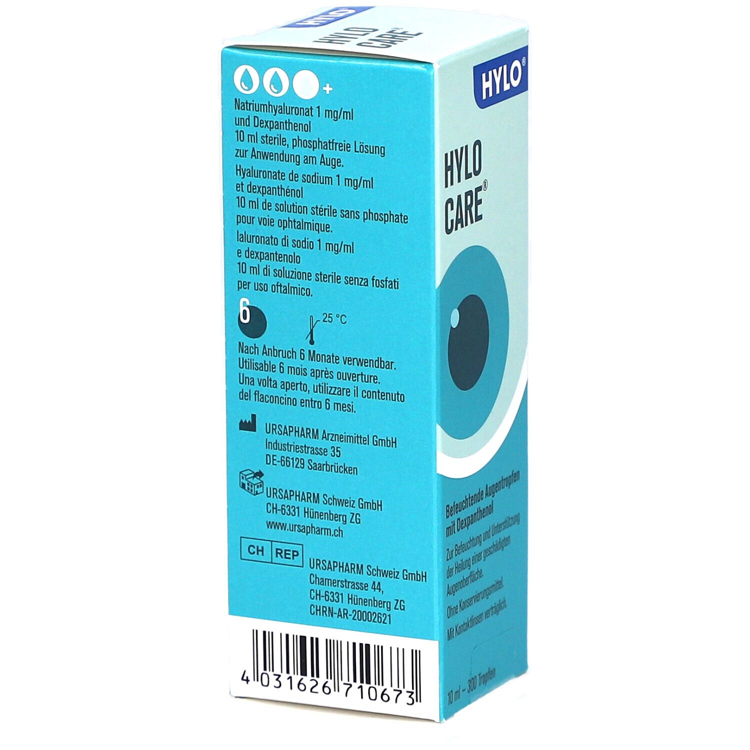 Rückseite der Verpackung mit Produktinformationen und Herstelleradresse. Text in Deutsch, Französisch und Italienisch.