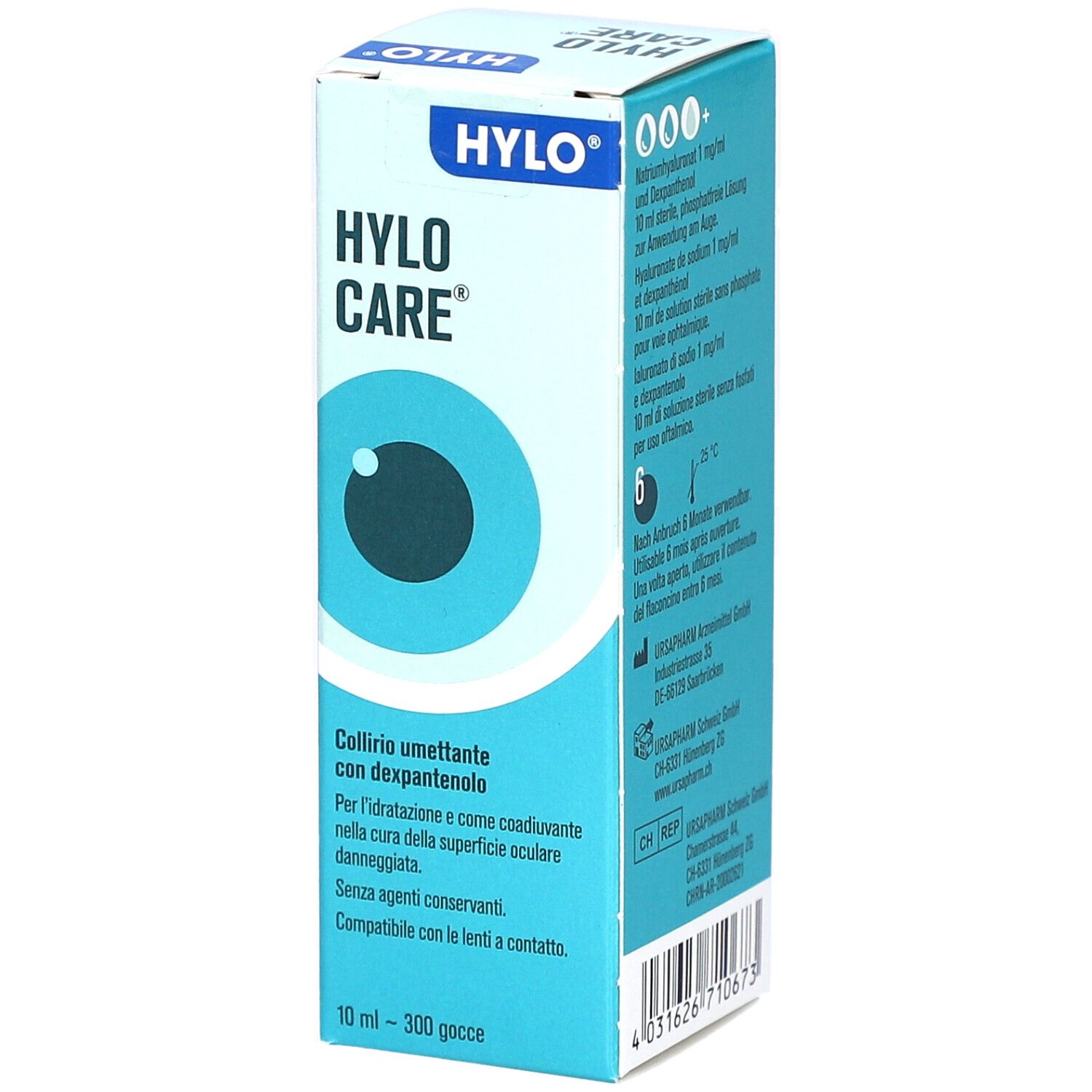 Karton mit Produktnamen und Augensymbol. Text: Collirio umettante con dexpantenolo. 10 ml.
