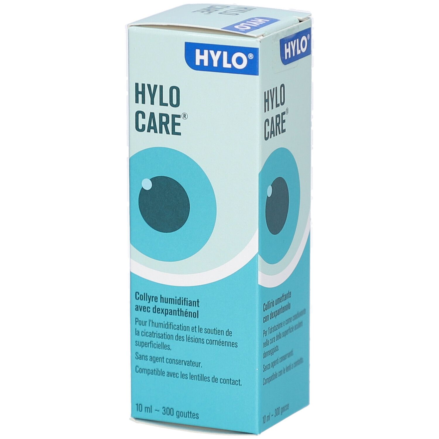 Karton mit Produktnamen und Augensymbol. Text: Collyre humidifiant avec dexpanthénol. 10 ml.