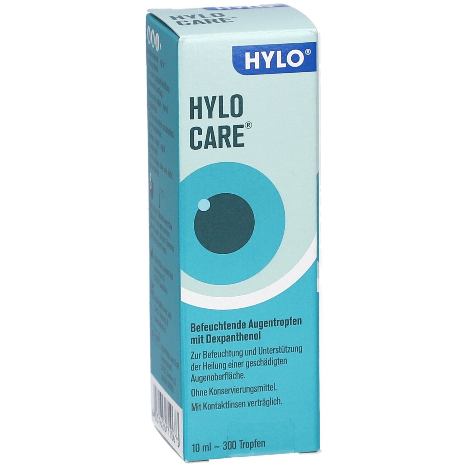 Karton mit Produktnamen und Augensymbol. Text: Befeuchtende Augentropfen mit Dexpanthenol. 10 ml.