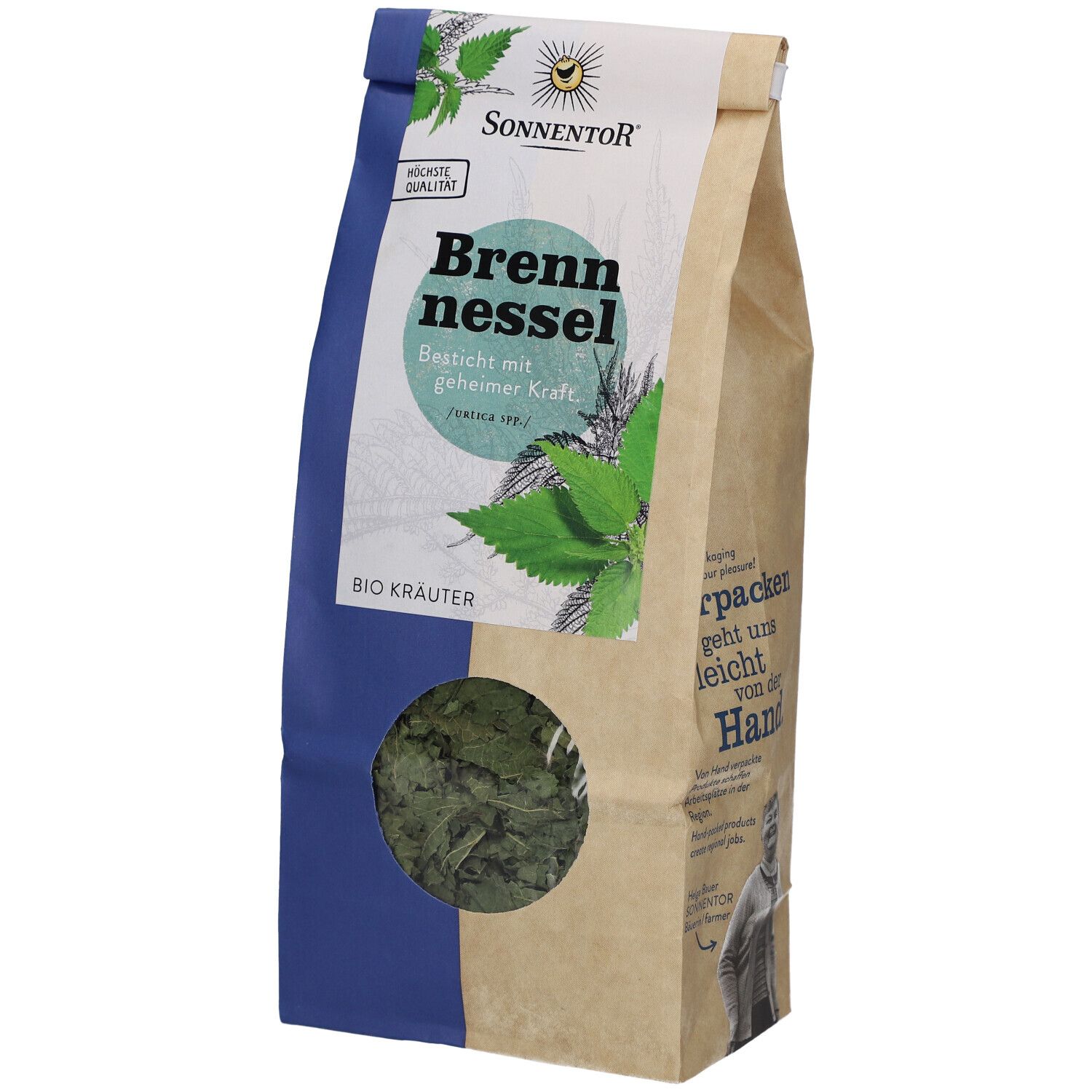 Beutel mit Brennnessel-Tee. Sichtfenster. Marke SONNENTOR. Aufdruck: BIO Kräuter, Brennnessel, höchste Qualität.