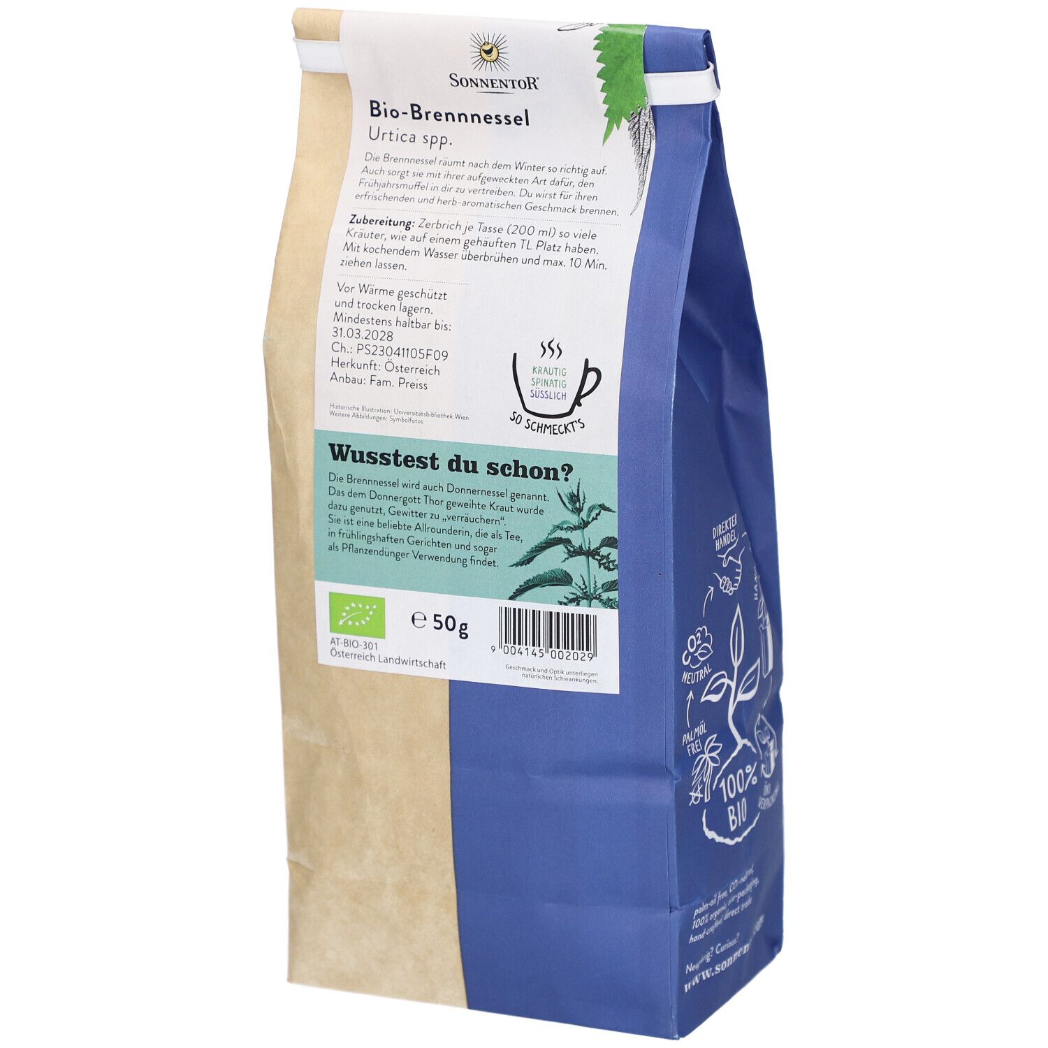 Rückseite des Brennnessel-Tee-Beutels. Marke SONNENTOR. Text: Bio-Brennnessel, Urtica spp. Mit Bio-Siegel. 50g.