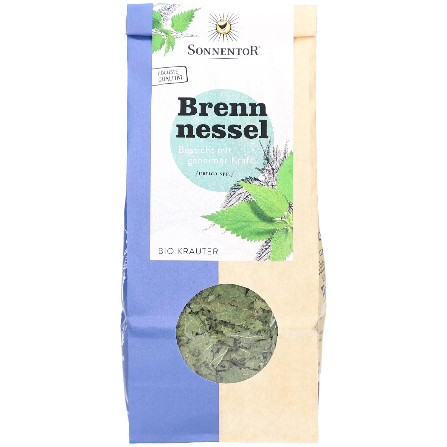 Brennnessel-Tee-Beutel. Marke SONNENTOR. Aufdruck: Brennnessel, BIO Kräuter. Sichtfenster. Mit Bio-Siegel.
