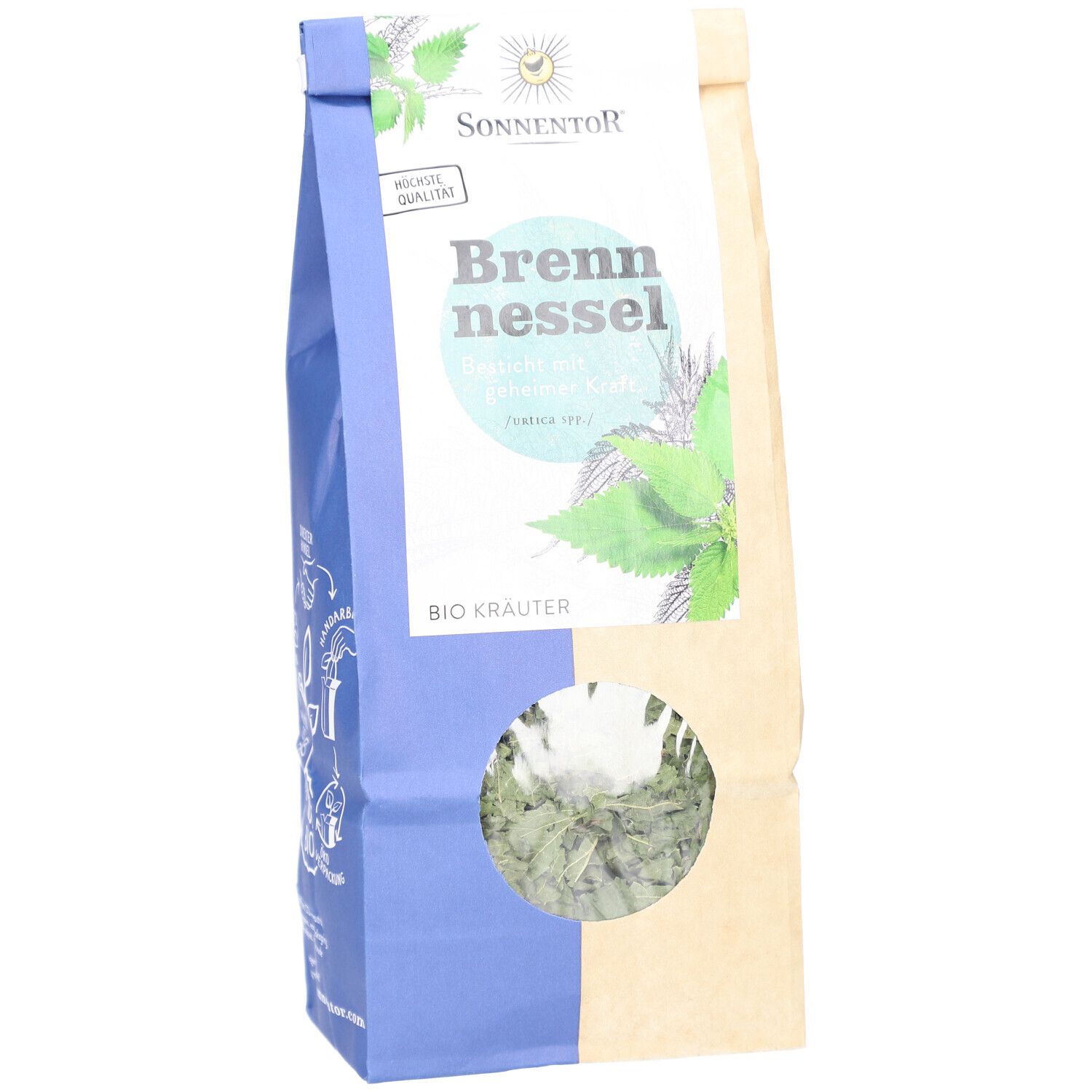 Brennnessel-Tee-Beutel. Marke SONNENTOR. Aufdruck: Brennnessel, BIO Kräuter. Sichtfenster. Mit Bio-Siegel.