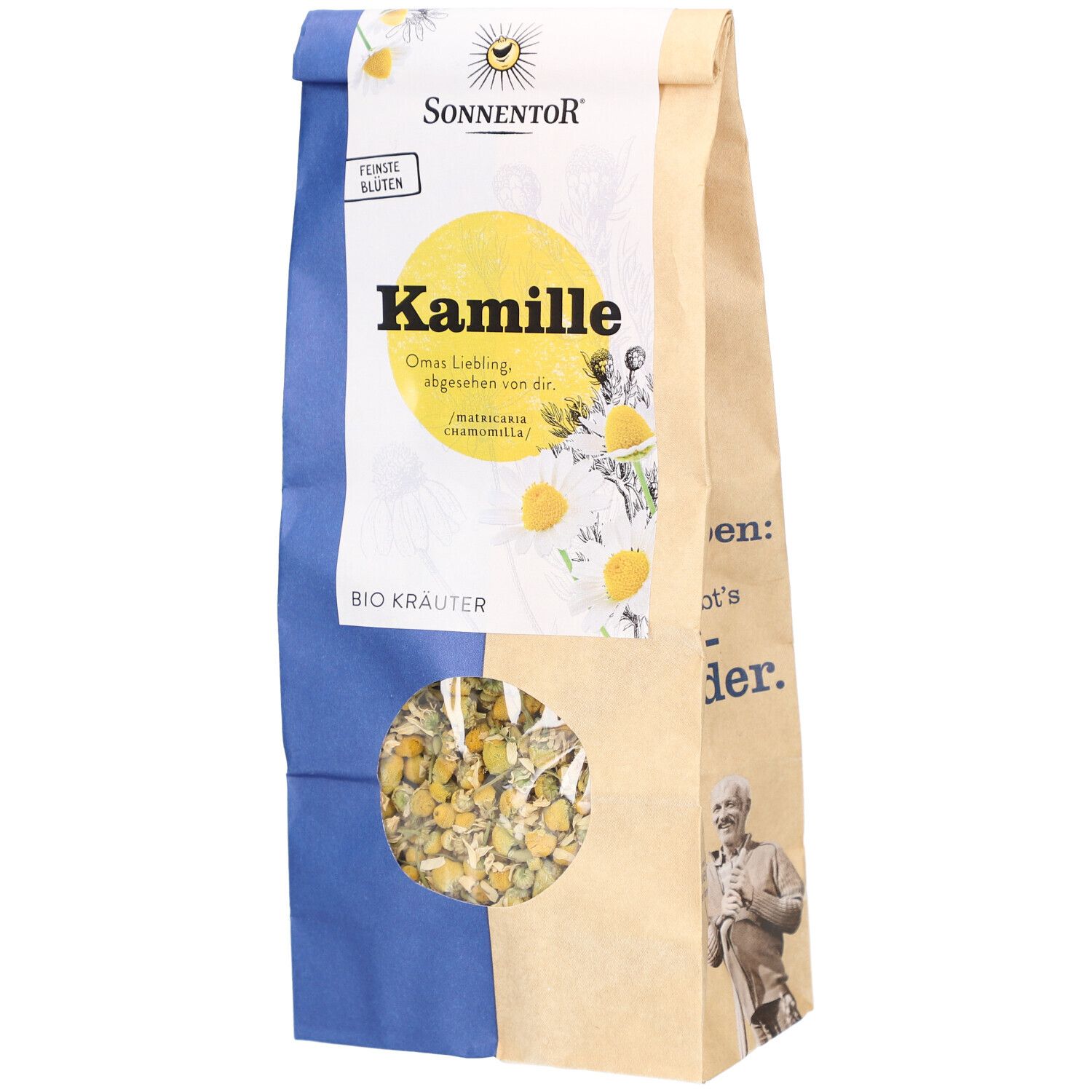 Beutel mit Kamillenblüten. Sichtbar: Markenname Sonnentor, Kamille-Schriftzug, Bio Kräuter. Sichtfenster mit Blüten.