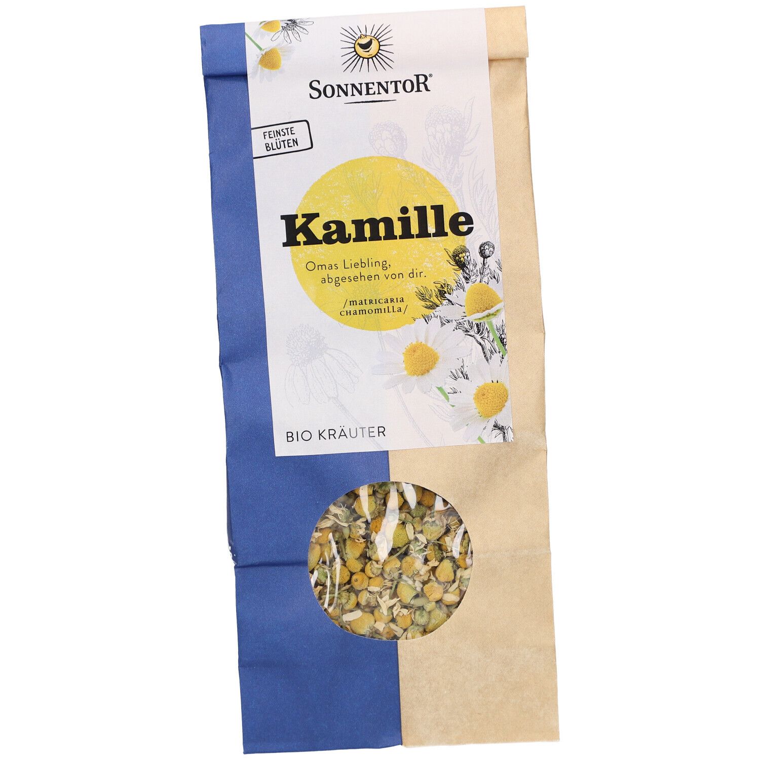 Beutel mit Kamillenblüten. Sichtbar: Markenname Sonnentor, Kamille-Schriftzug, Bio Kräuter. Sichtfenster mit Blüten.