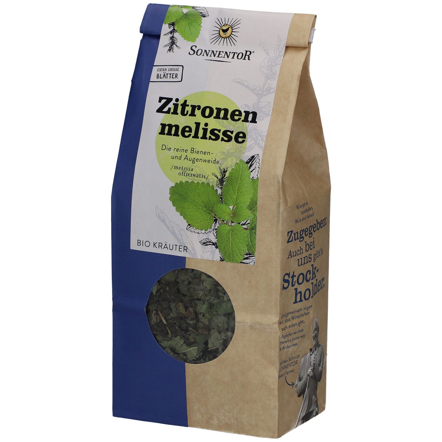 Sonnentor Mélisse citronnelle bio en sachet papier. Fenêtre montrant des feuilles séchées. Inscription : Mélisse citronnelle, Bio Kräuter.