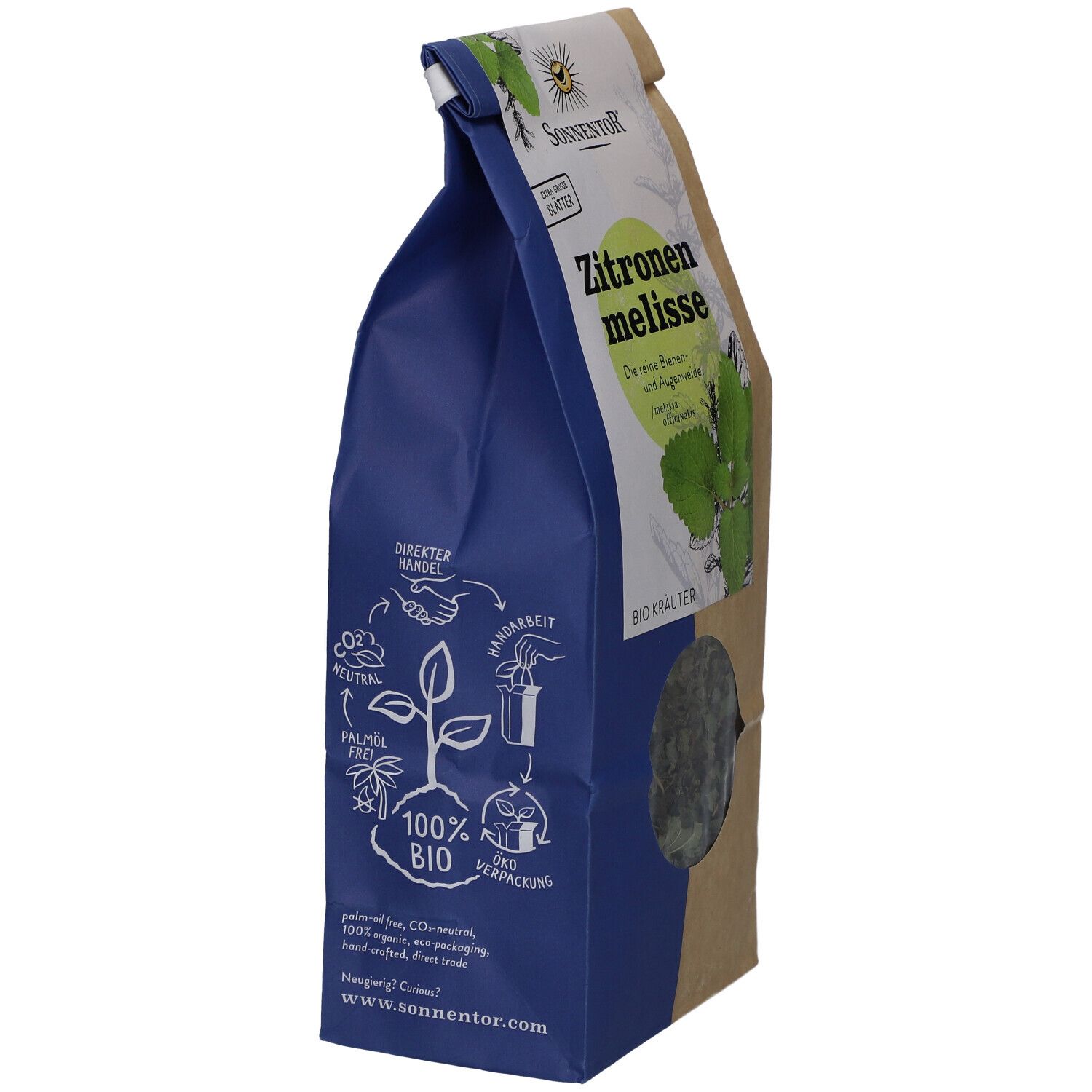 Sonnentor Mélisse citronnelle bio. Emballage en papier et carton bleu. Inscription : 100% Bio, sans huile de palme, neutre en CO2, etc.