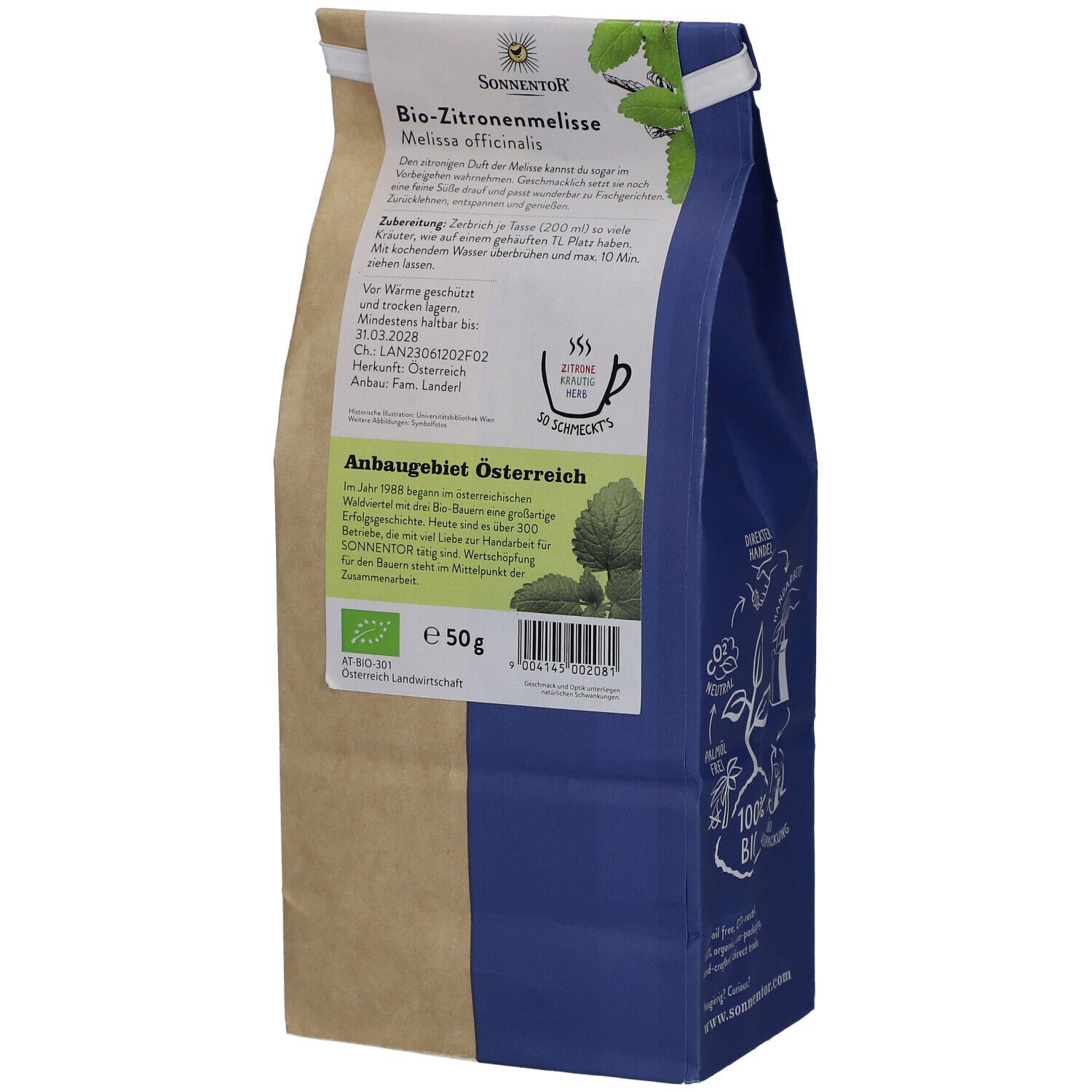 Dos de l'emballage Sonnentor Mélisse citronnelle bio. Texte avec informations sur la zone de culture Autriche, ingrédients et préparation.