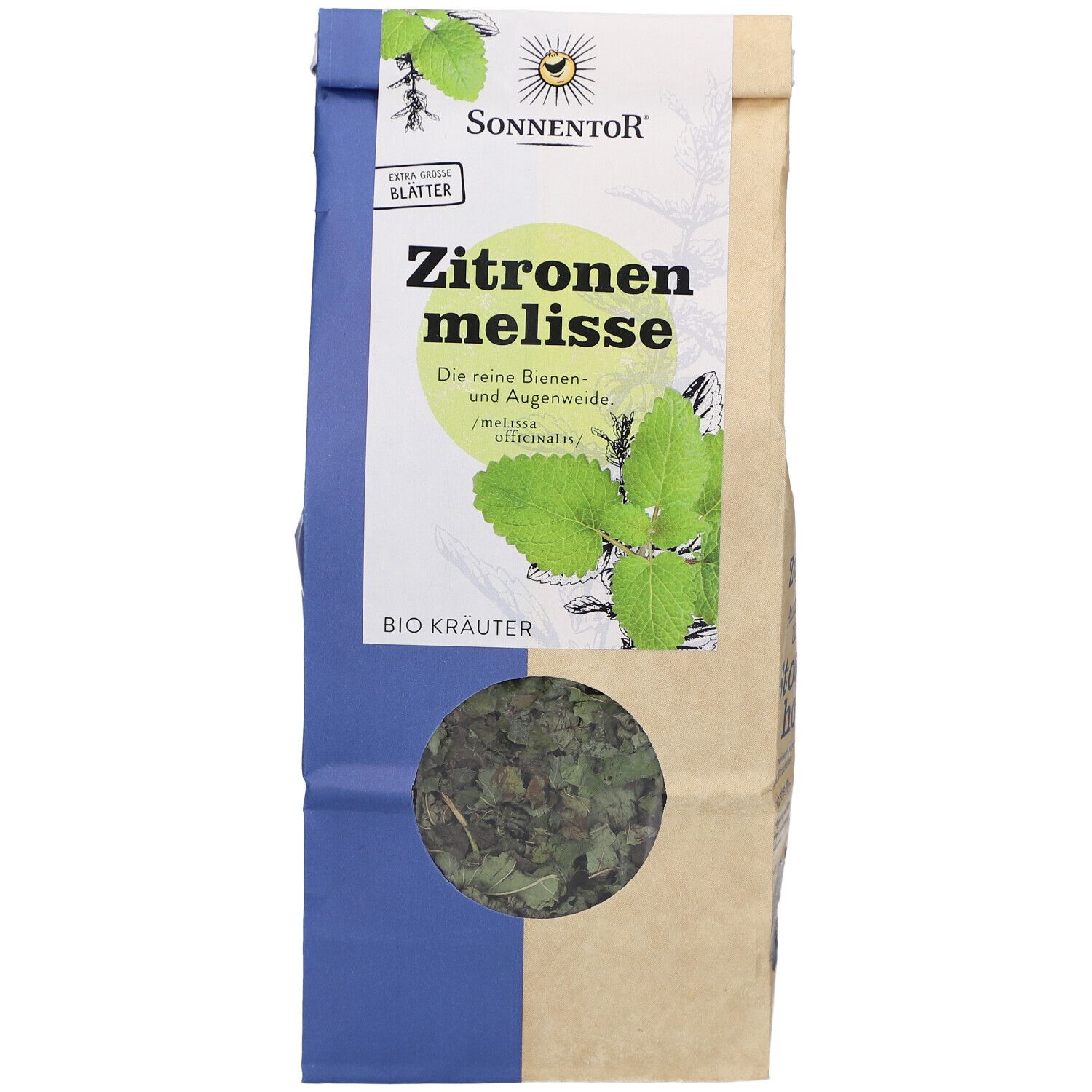 Sonnentor Mélisse citronnelle bio en sachet papier. Fenêtre montrant des feuilles séchées. Inscription : Mélisse citronnelle, Bio Kräuter.