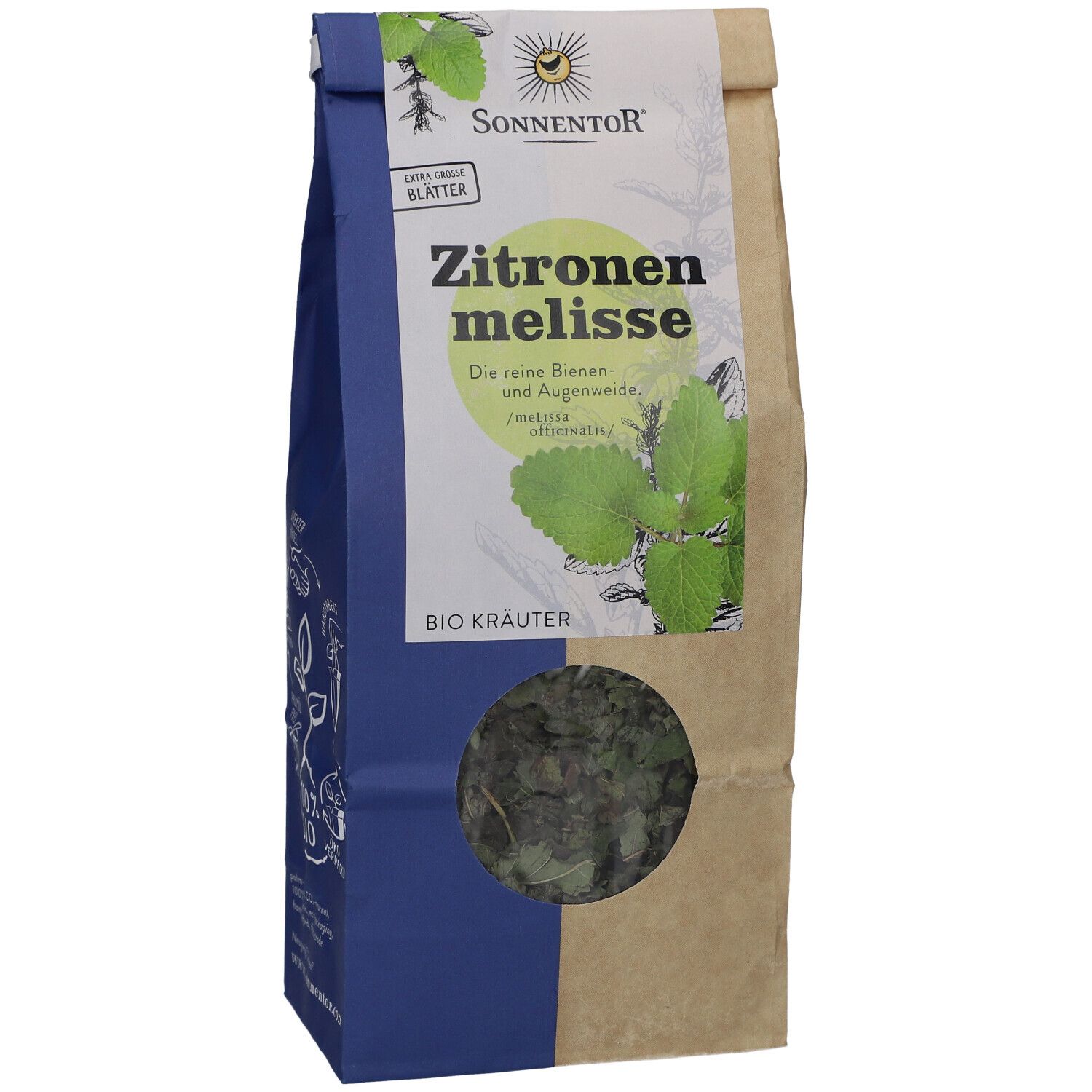 Sonnentor Mélisse citronnelle bio en sachet papier. Fenêtre montrant des feuilles séchées. Inscription : Mélisse citronnelle, Bio Kräuter.