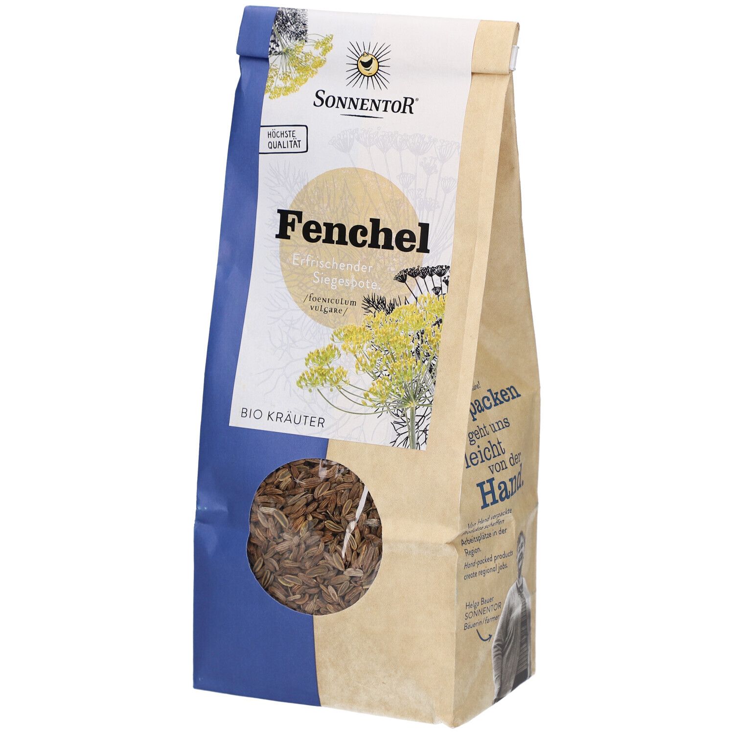 Sachet de graines de fenouil. Fenêtre transparente. Inscriptions : SONNENTOR, Fenchel, BIO Kräuter.