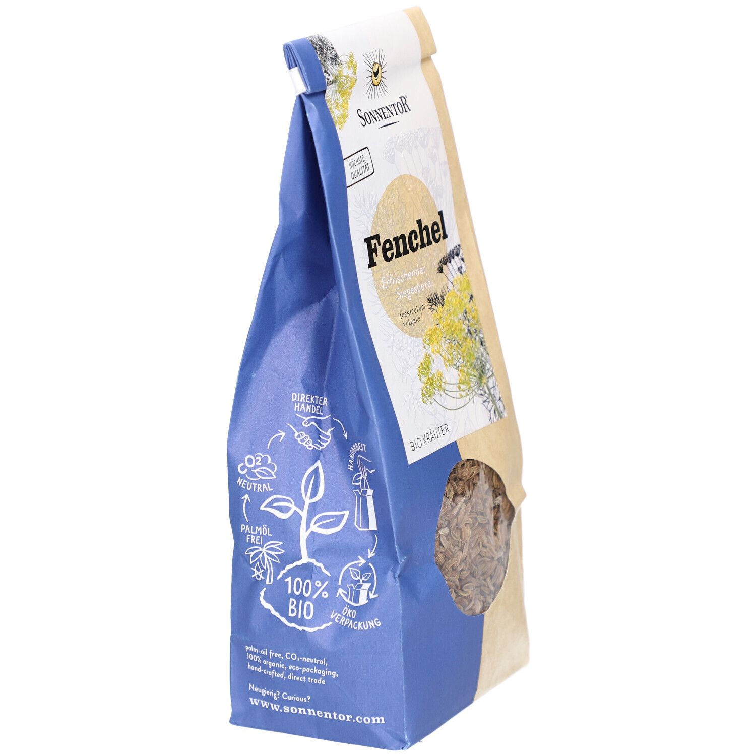 Sachet de graines de fenouil. Emballage bleu et marron. Inscriptions : SONNENTOR, Fenchel, BIO Kräuter, 100% BIO.