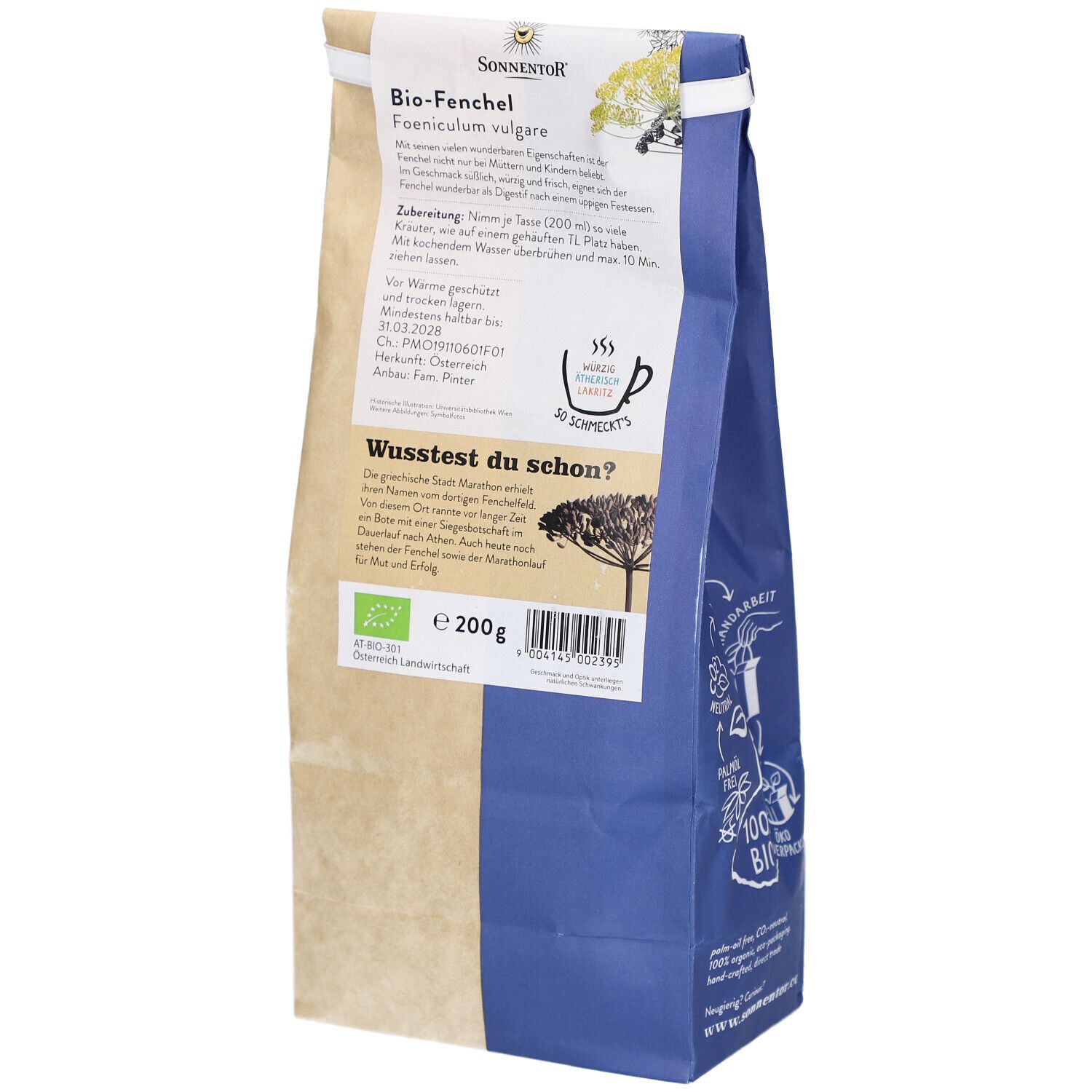 Dos du sachet de graines de fenouil. Texte : Bio-Fenchel, préparation, 200g, label bio.