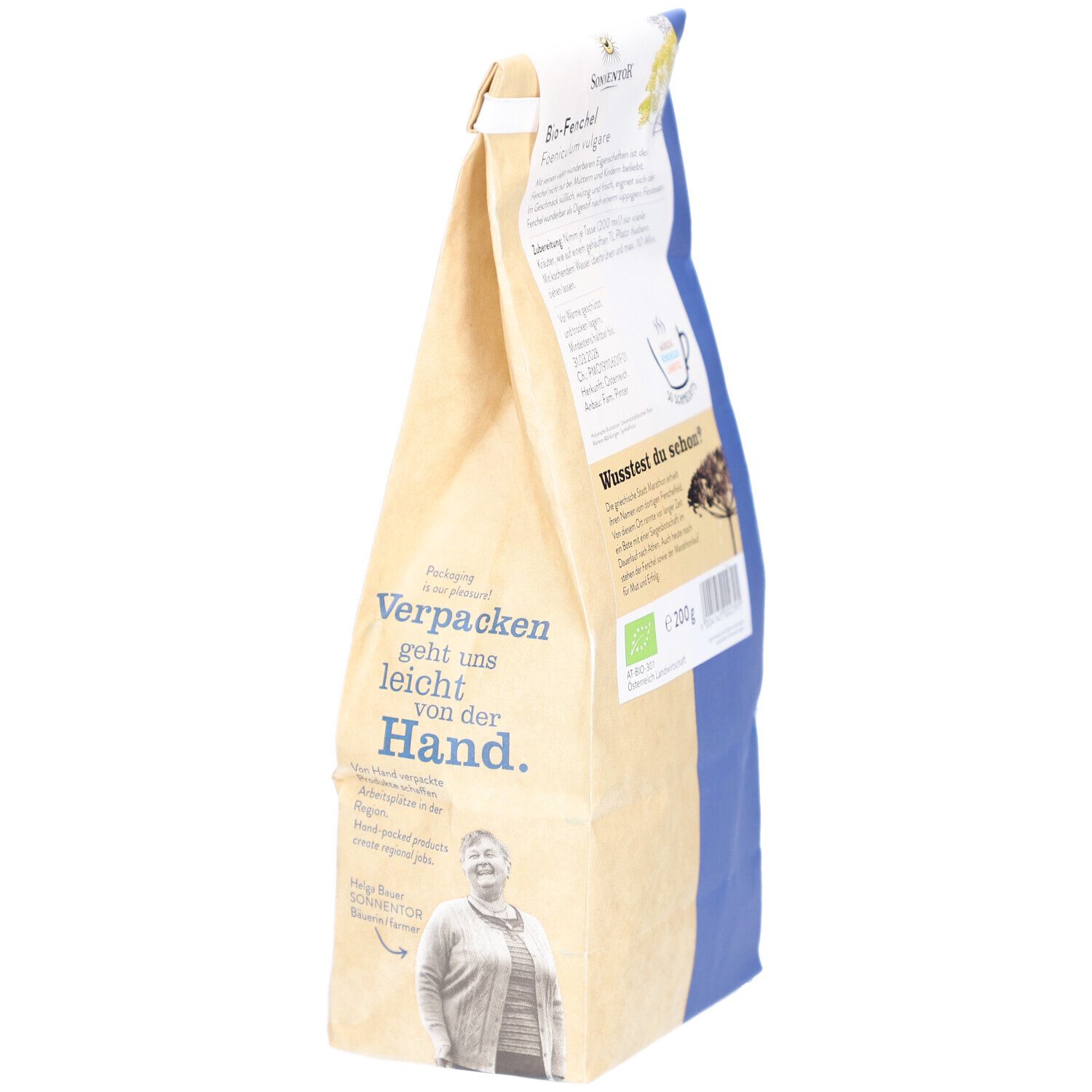 Sachet de graines de fenouil. Côté avec texte : L'emballage est facile pour nous. Label bio.