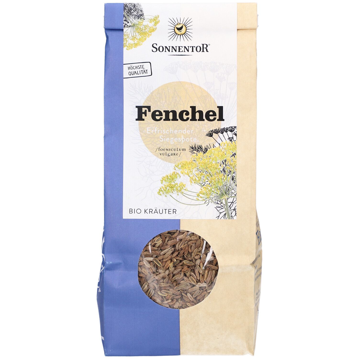 Sachet de graines de fenouil. Fenêtre transparente. Inscriptions : SONNENTOR, Fenchel, BIO Kräuter.