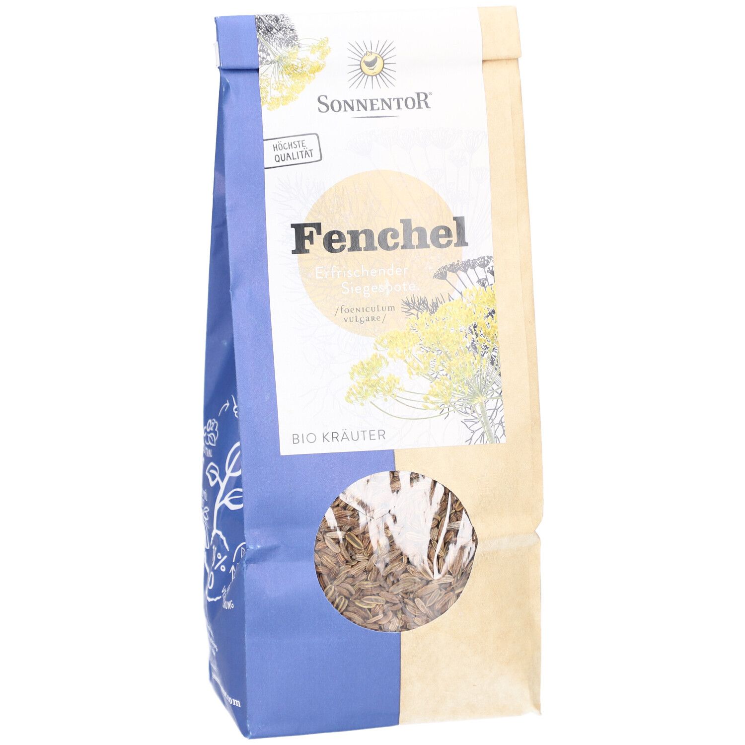 Sachet de graines de fenouil. Fenêtre transparente. Inscriptions : SONNENTOR, Fenchel, BIO Kräuter.