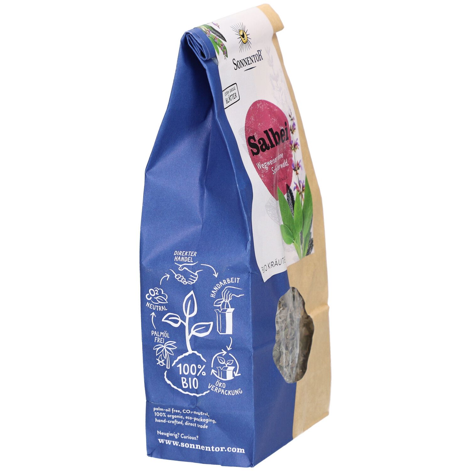 Verpackung von SONNENTOR Salbei Tee BIO. Rückseite mit Informationen und Logo. 100% BIO-Zertifizierung.