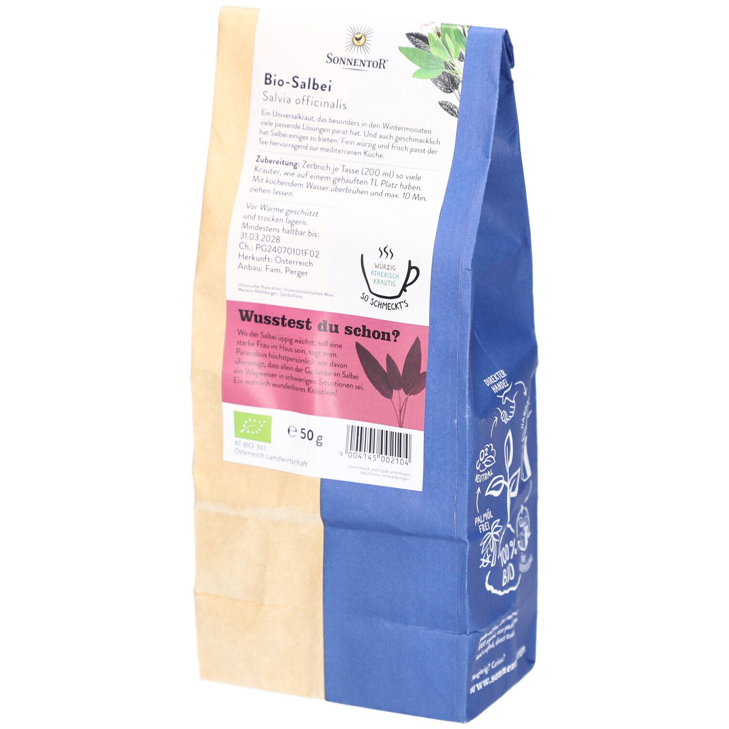 Rückseite der SONNENTOR Salbei Tee BIO Verpackung. Informationen, Logo, und Bio-Zertifizierung. Inhalt 50g.