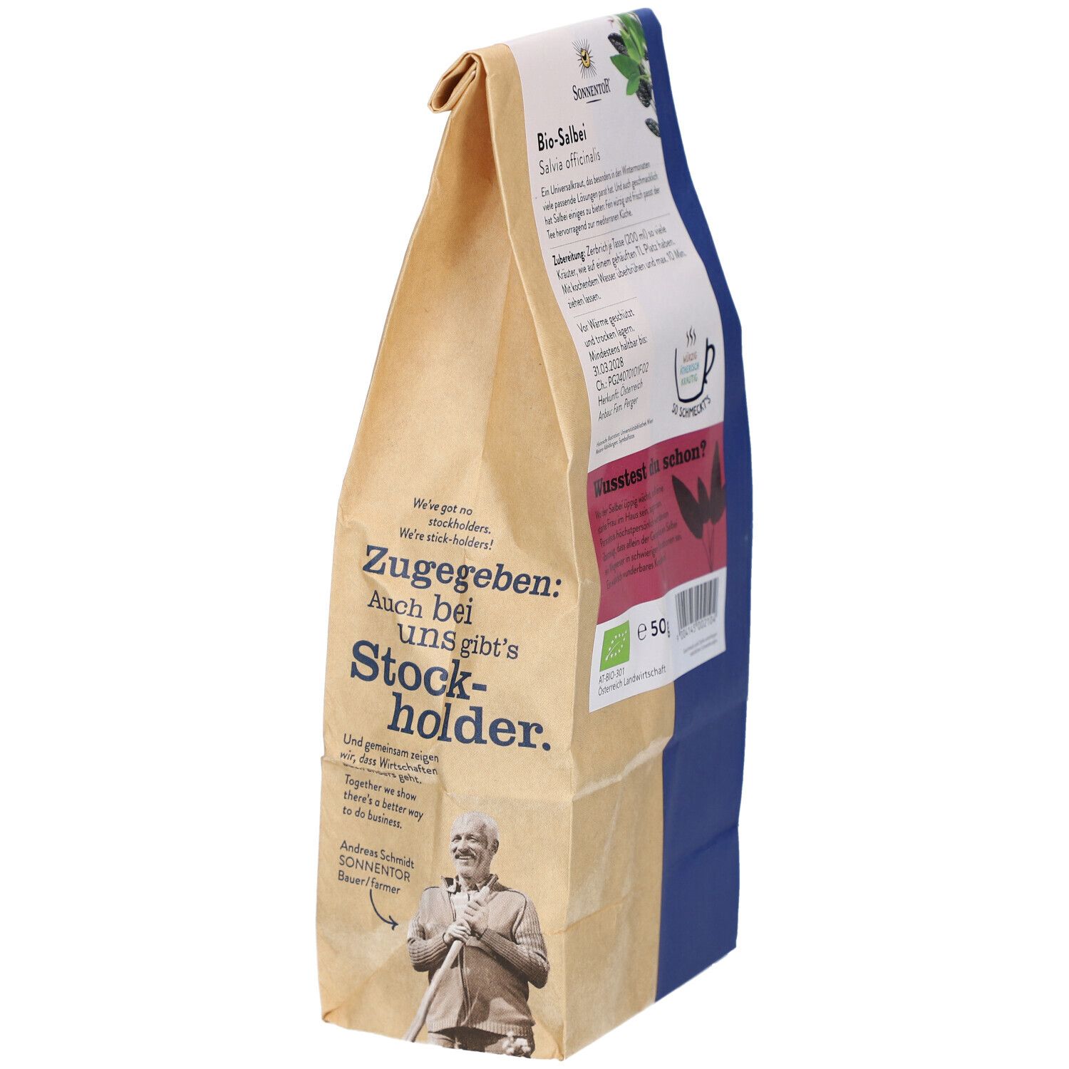 SONNENTOR Salbei Tee BIO Verpackung, Seitenansicht. Text und Logo. Bio-Zertifizierung.