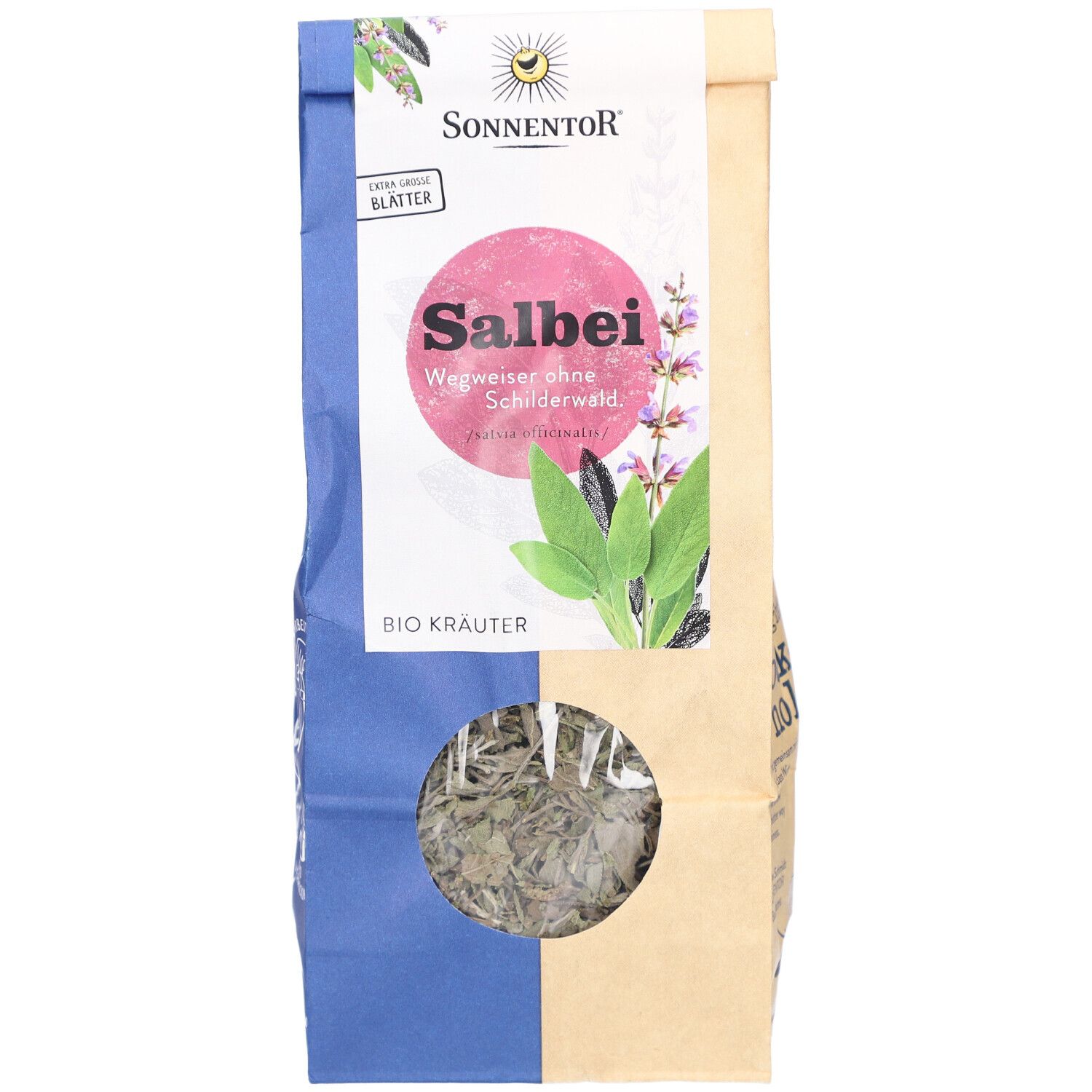 SONNENTOR Salbei Tee BIO Verpackung. Vorderseite mit Logo, Produktname und Sichtfenster. Kräuter sichtbar.