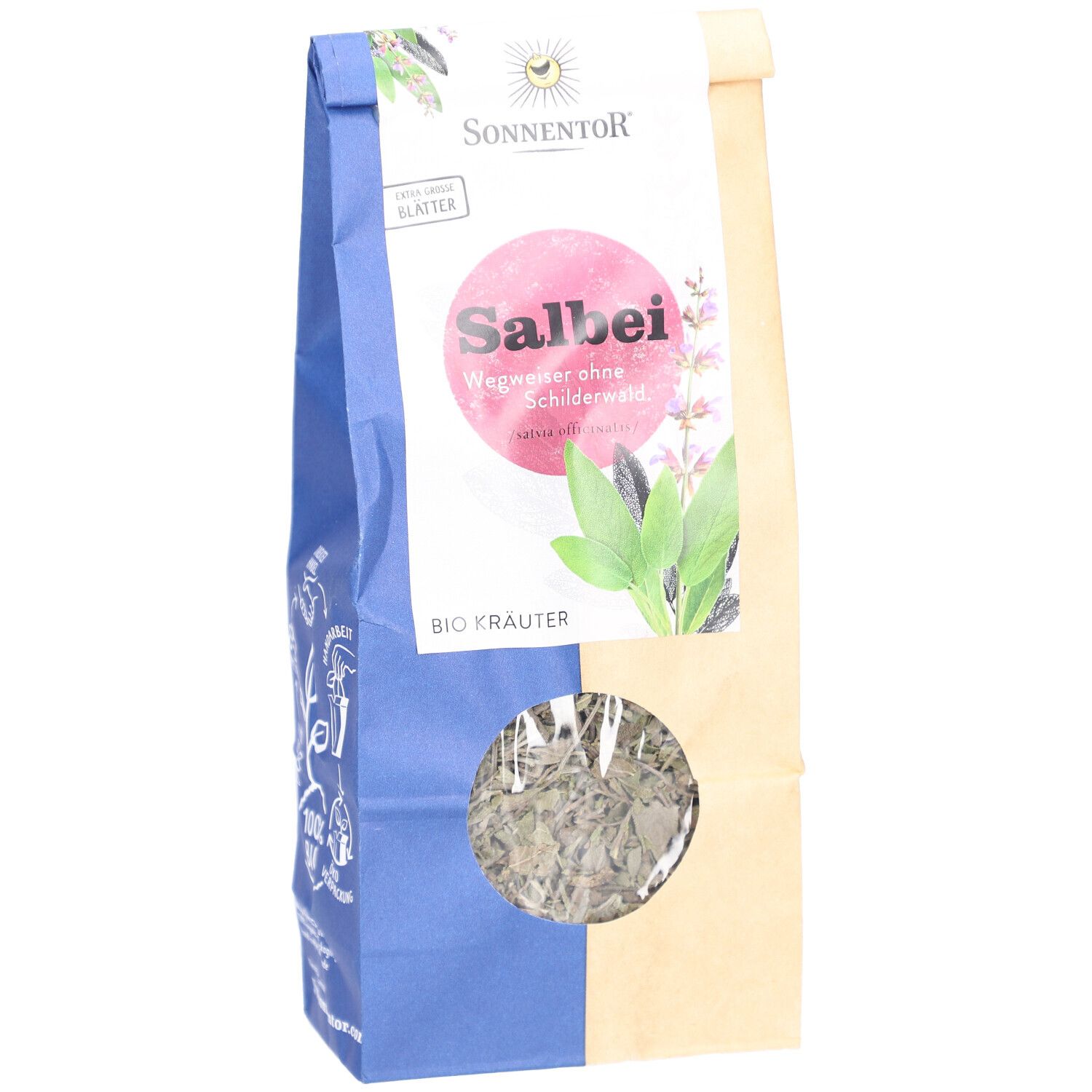 SONNENTOR Salbei Tee BIO Verpackung. Vorderseite mit Logo, Produktname und Sichtfenster. Kräuter sichtbar.
