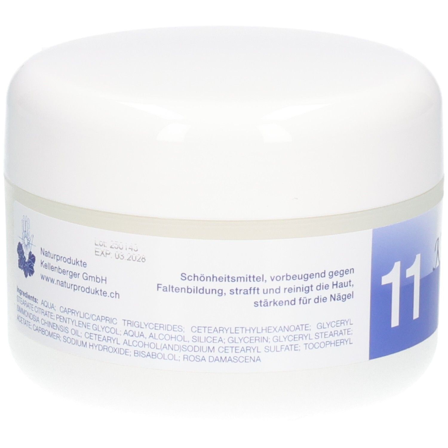 KALYANA 11 Creme mit Silicea 250 ml Dose, Rückseite mit Inhaltsstoffen und Anwendungshinweisen.
