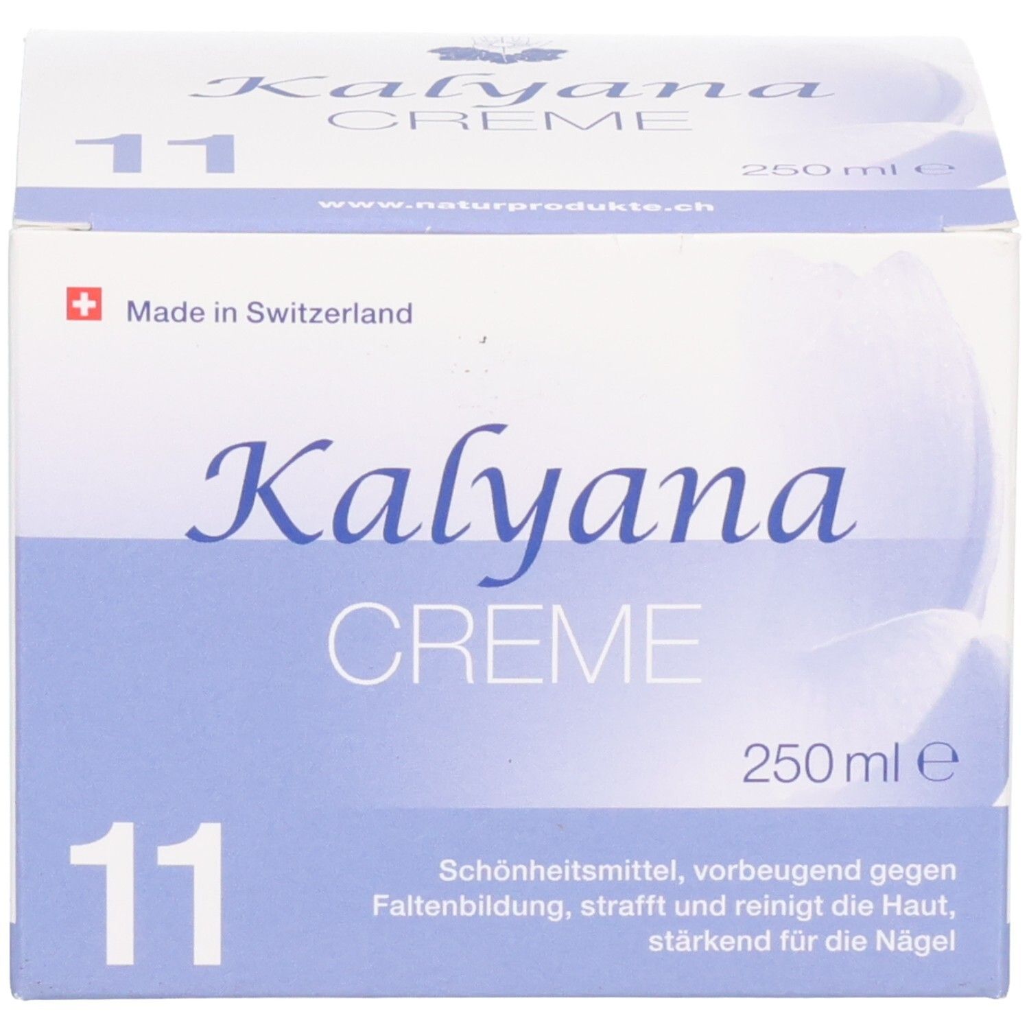 KALYANA 11 Creme mit Silicea 250 ml Verpackung, Made in Switzerland.