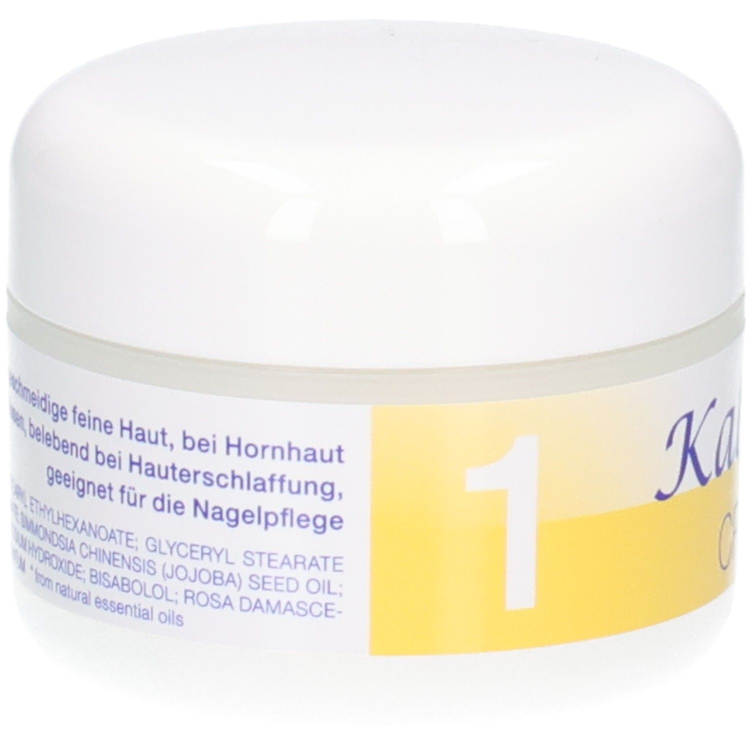 KALYANA Creme 1 mit Calcium fluoratum, 50 ml Tiegel, Rückseite mit Inhaltsstoffen.
