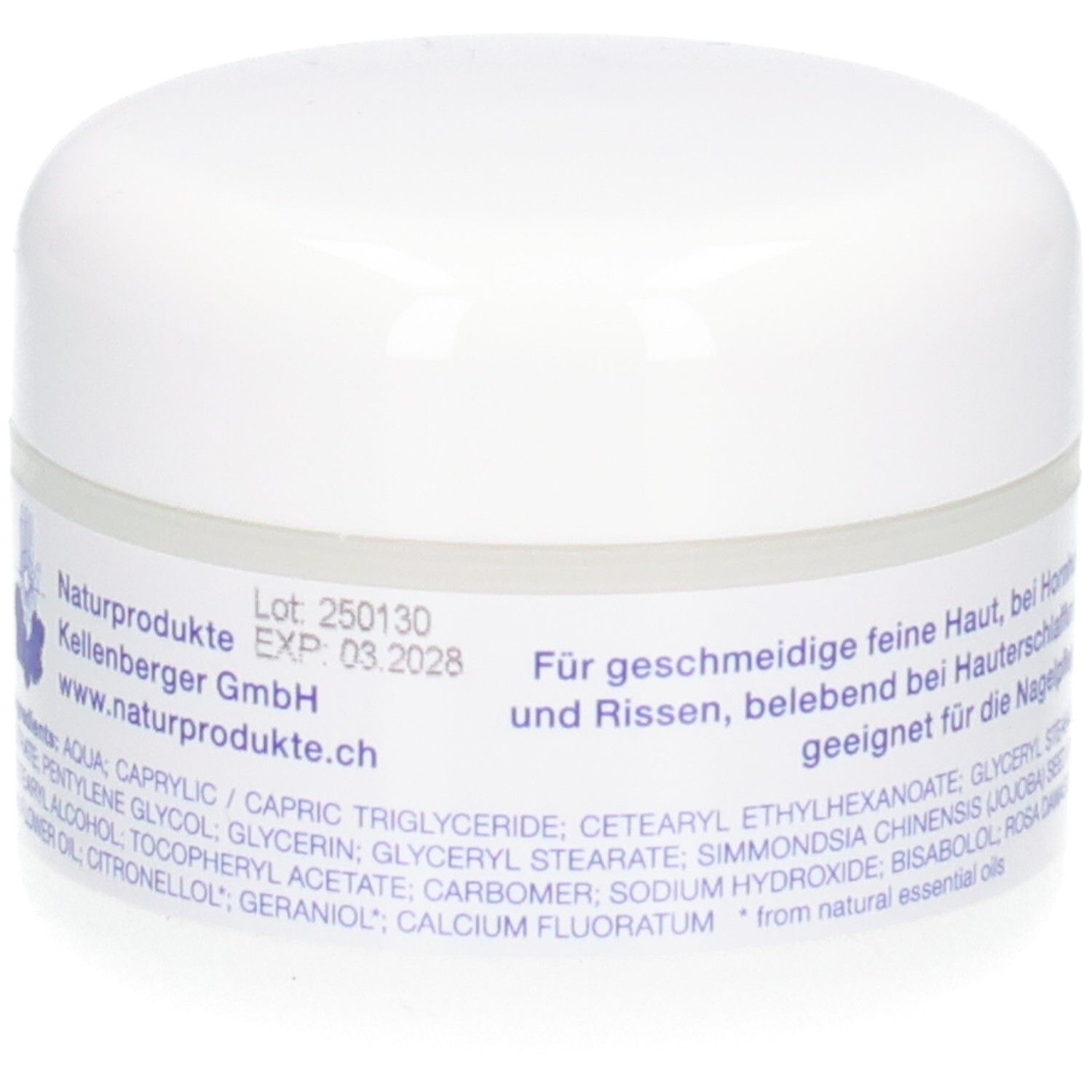 KALYANA Creme 1 mit Calcium fluoratum, 50 ml Tiegel, Rückseite mit Lot und Verfallsdatum.