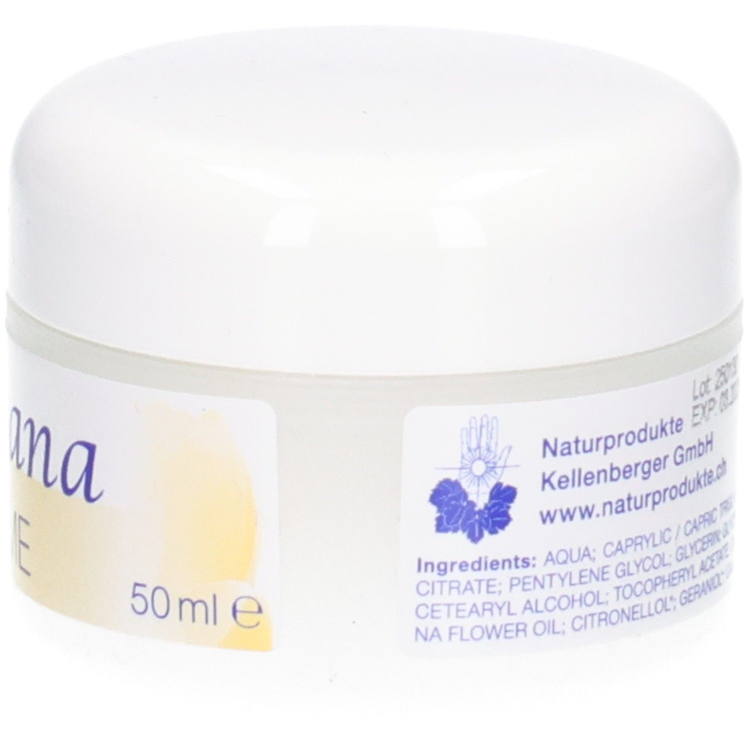 KALYANA Creme 1 mit Calcium fluoratum, 50 ml Tiegel, Rückseite mit Inhaltsstoffen und Hersteller.