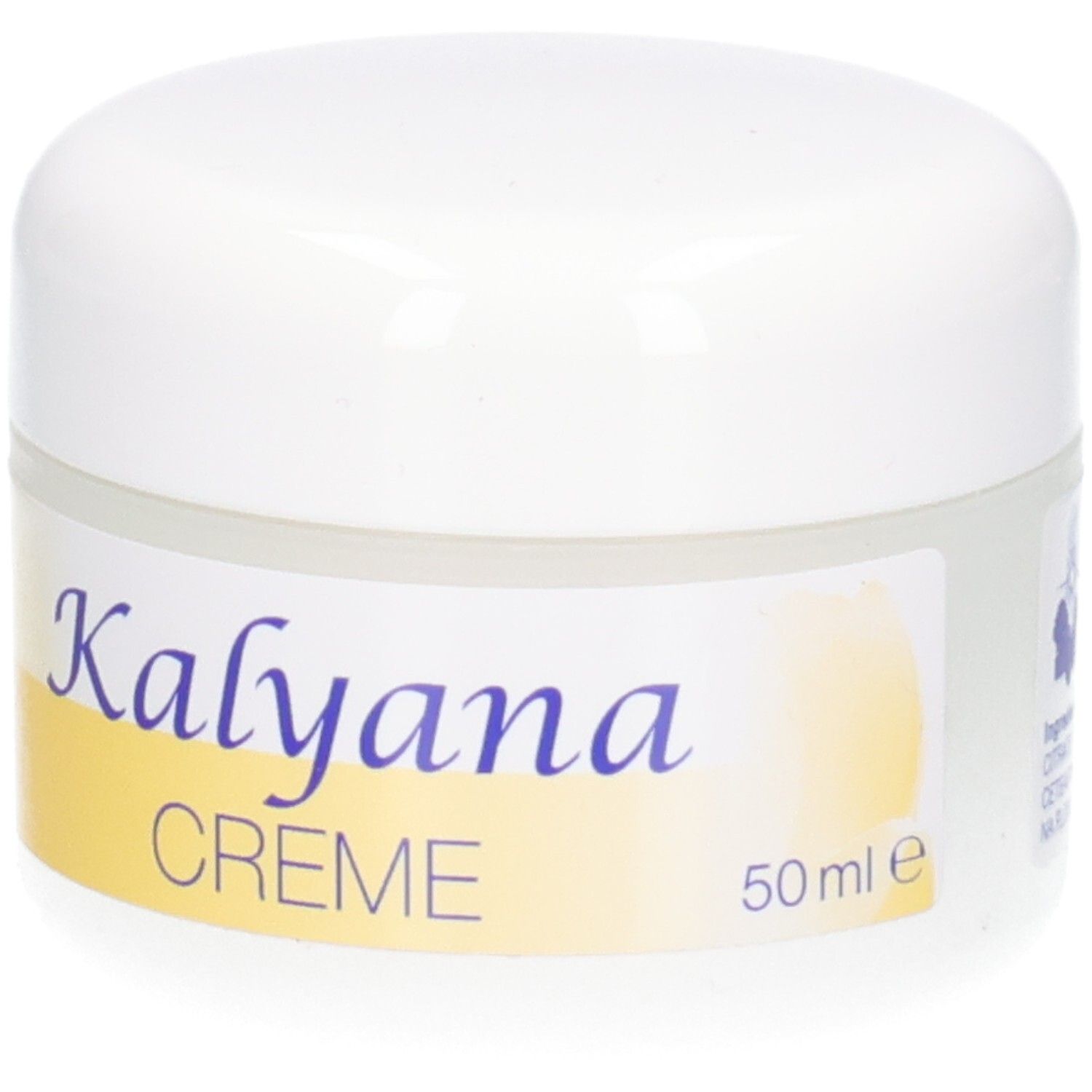 KALYANA Creme 1 mit Calcium fluoratum, 50 ml Tiegel, Rückseite mit Inhaltsstoffen.