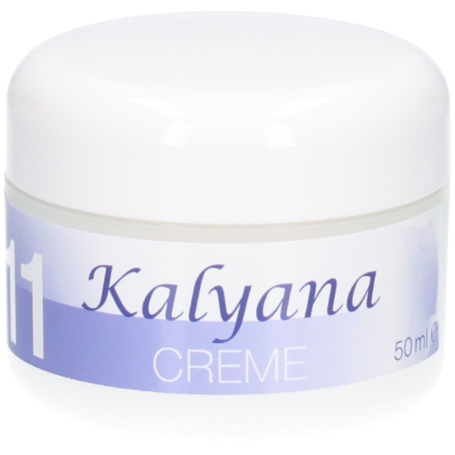 KALYANA 11 Creme in einem weißen Tiegel, Etikett mit Produktinformationen.