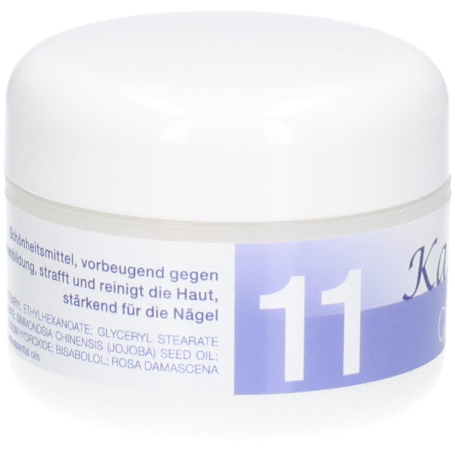 Rückseite des Tiegels KALYANA 11 Creme mit Inhaltsstoffen und Anwendungshinweisen.