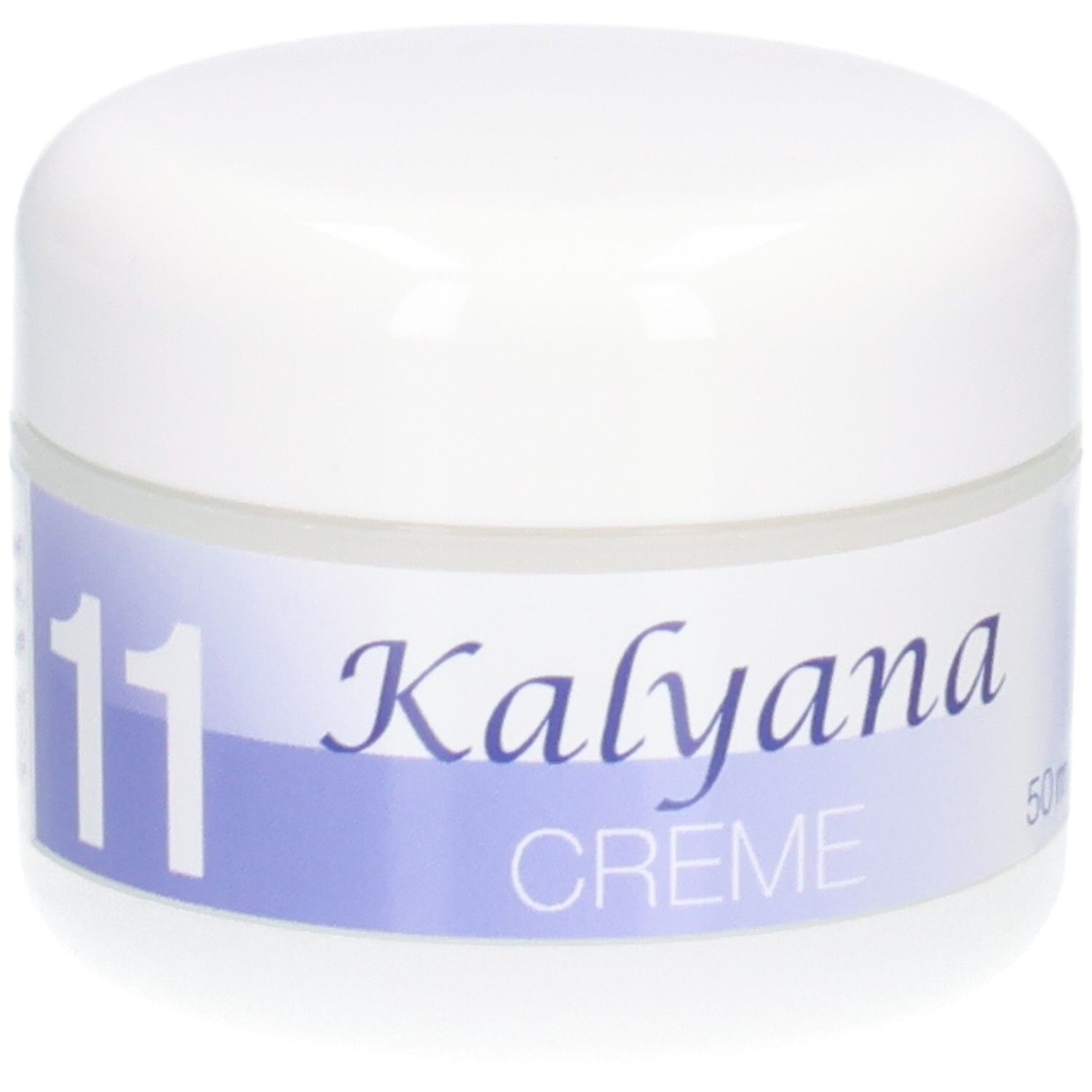 KALYANA 11 Creme Tiegel, Nahaufnahme des blauen Etiketts mit der Zahl 11.