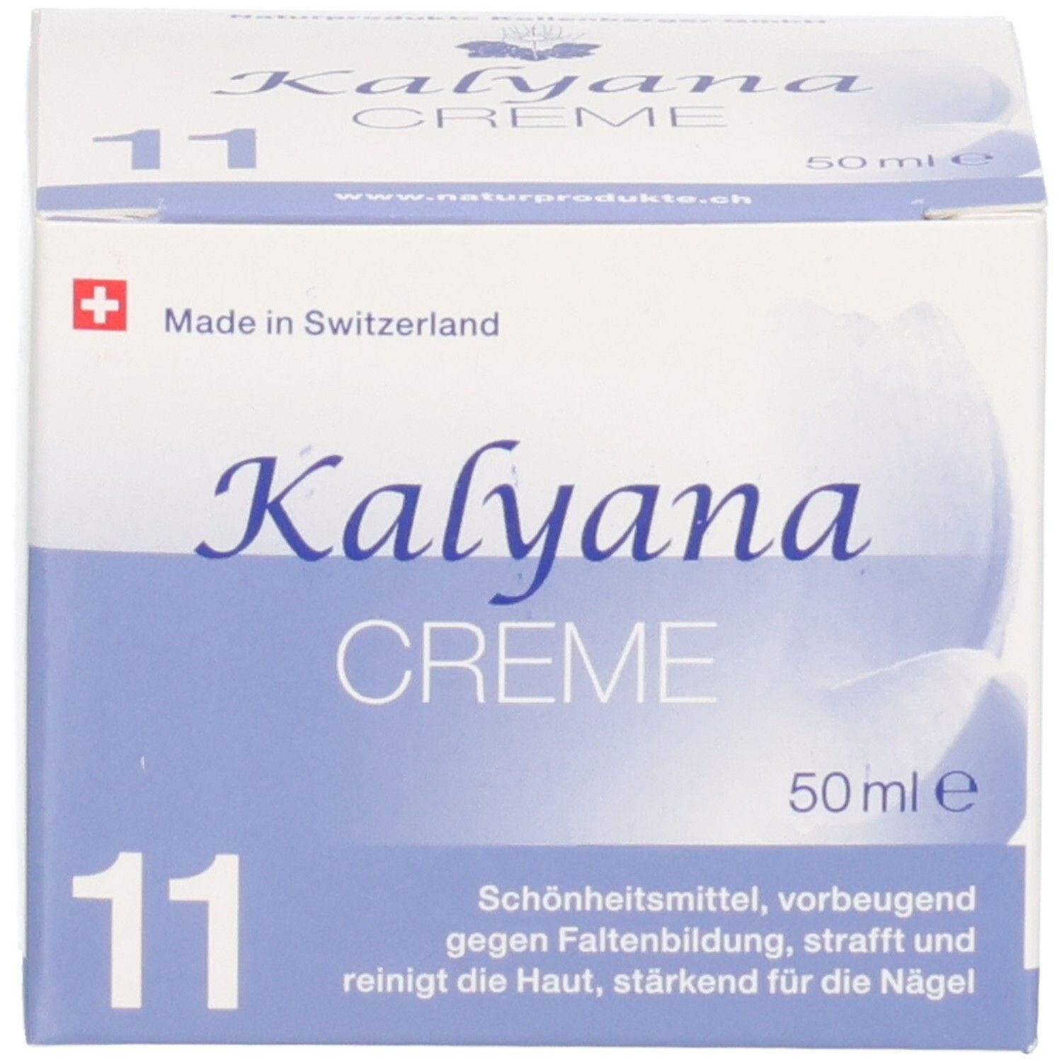 Verpackung der KALYANA 11 Creme, zeigt Schweizer Kreuz und Produktinformationen.